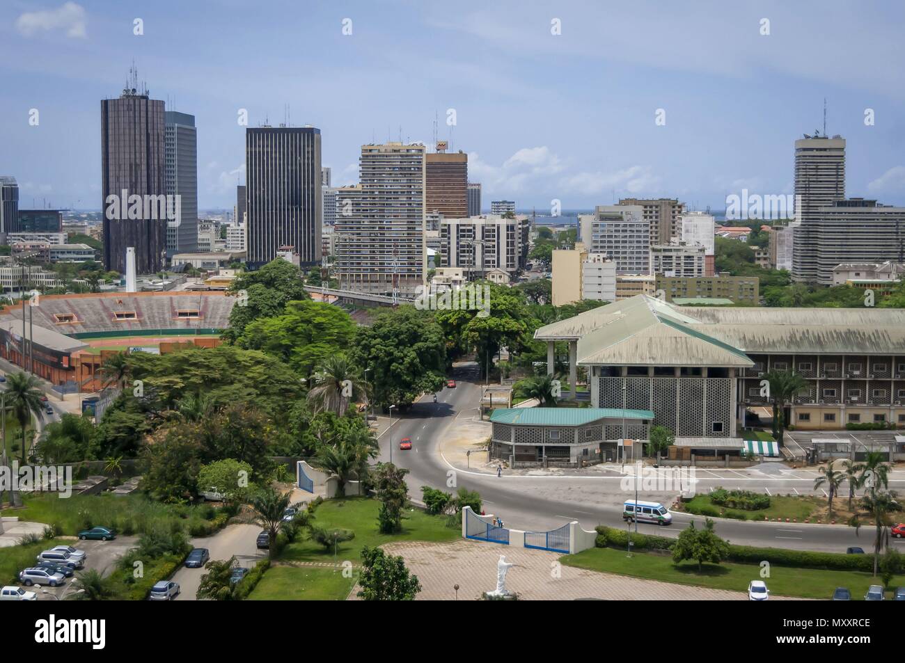 ABIDJAN, IVORY COAST, AFRICA. April 2013. The view of Plateau district in Abidjan, with the 'le Felicia' stadium. Stock Photo