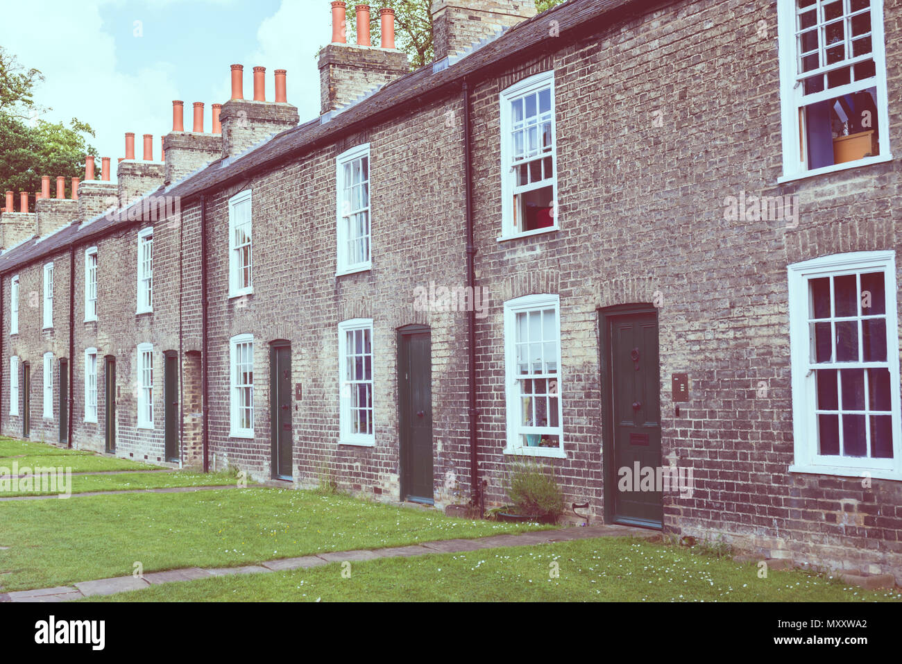 Row of restored Victorian brick houses with green colored doors on a local road in Cambridge, UK. Retro vintage matte effect. Stock Photo