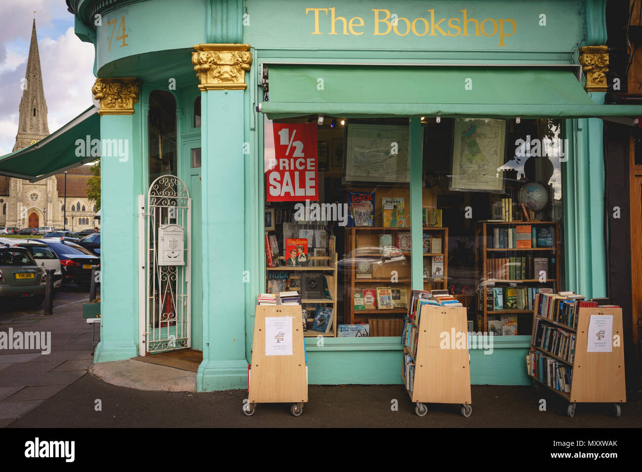 London, UK - October 2017. A vintage bookshop on the high street in Blackheath, an area in the Borough of Lewisham. Landscape format. Stock Photo
