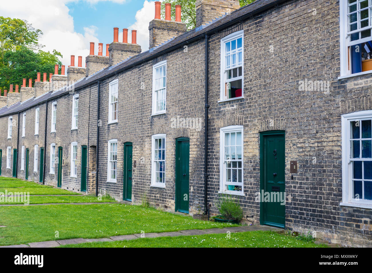 Row of restored Victorian brick houses with green colored doors on a local road in Cambridge, UK Stock Photo