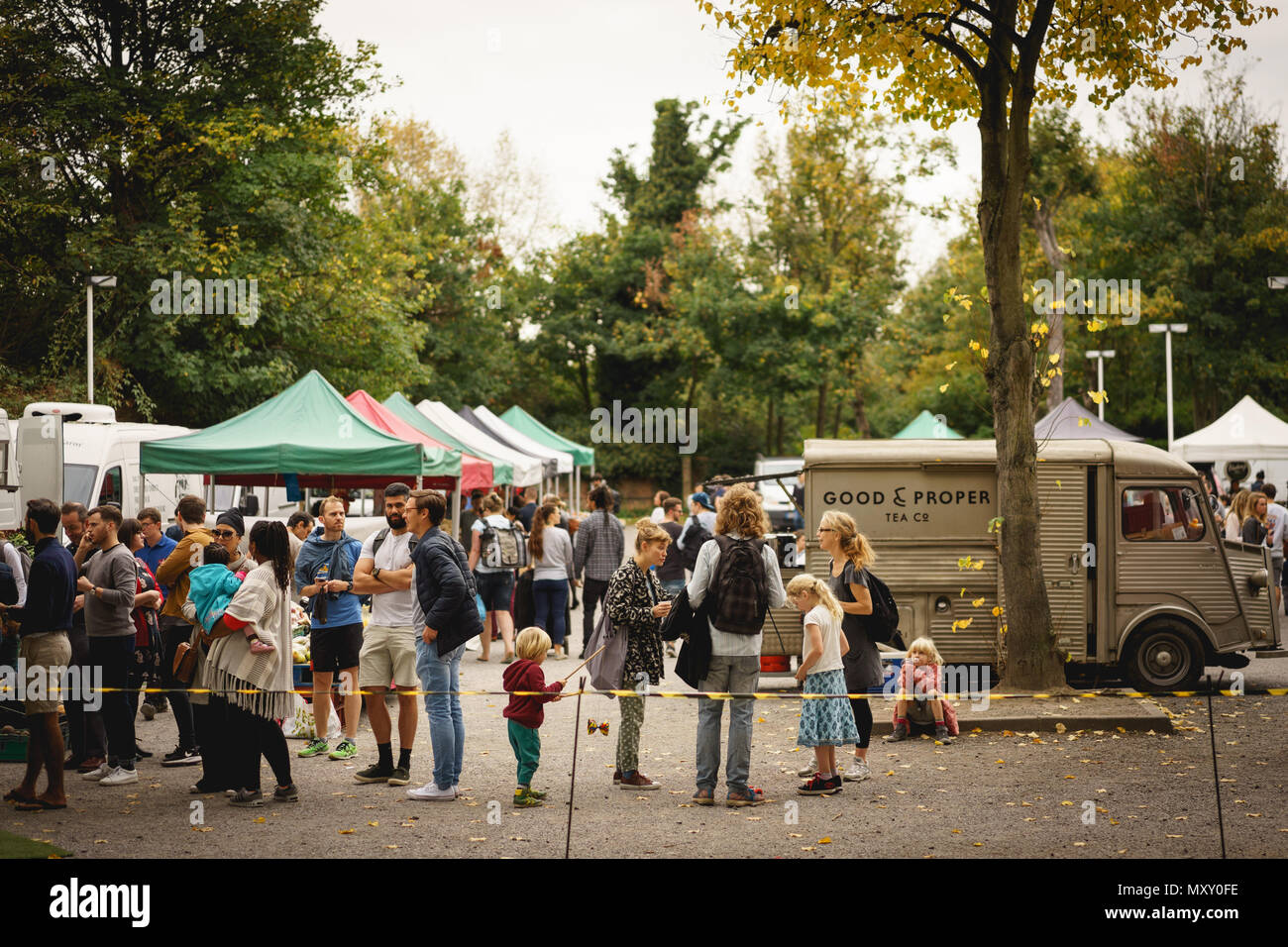 London, UK - October 2017. People at Brockley Market, a local farmer's market held every Saturday in Lewisham. Landscape format. Stock Photo