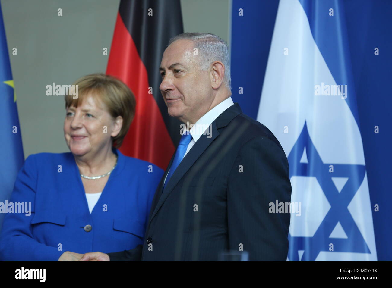Berlin, Germany. 04th June, 2018. Chancellor Angela Merkel and Israeli Prime Minister Benjamin Netanyahu at the press conference in the Federal Chancellery in Berlin. Credit: Jyoti Kapoor/Pacific Press/Alamy Live News Stock Photo