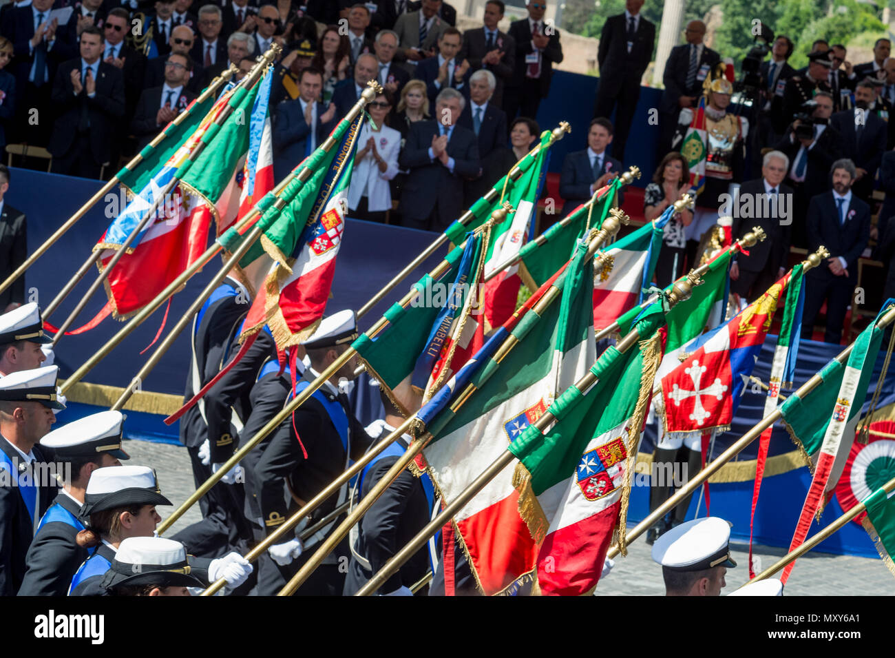 Traditionally military parade on June 2, 2018 for the anniversary of the Republic Day held as every year in Via dei Fori Imperiali. A selected representation of all the Weapons, Fire Brigades, Red Cross Volunteers, gonfalons of the Regions. Present at the event the Head of State Sergio Mattarella who previously had laid a wreath at the Altare della Patria, the Presidents of the Chamber and Senate Roberto Fico and Maria Elisabetta Laberti Casellati, the President of the Council Giuseppe Conte, the vice presidents of the Council Luigi Di Maio and Matteo Salvini, the Mayor of Rome Virginia Raggi, Stock Photo