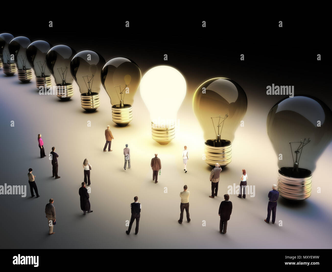 Light bulbs in a row with one being on, large group of people with a few moving to the light.Leading the pack, ingenuity,standing out from the crowd. Stock Photo