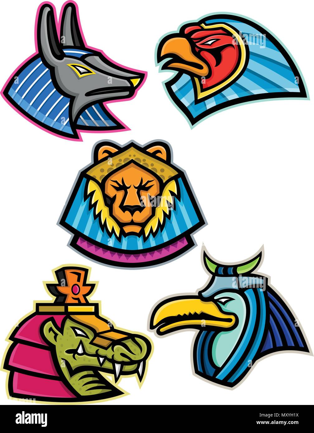 Mascot icon illustration set of heads of ancient Egyptian animal gods or deities like Anubis,sun god Ra, Sekhmet, Sobek and Thoth  viewed from side on Stock Vector