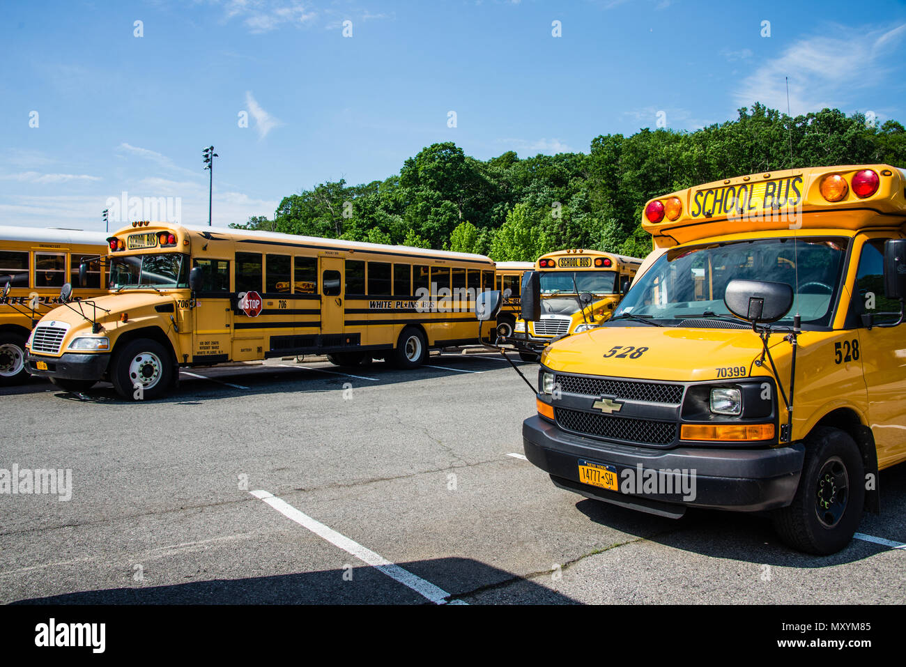 School buses parked on weekend Stock Photo Alamy