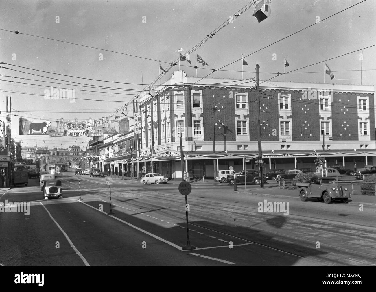 Melbourne Street, South Brisbane, March 1954. Decorated for the 1954 Royal tour. Stock Photo