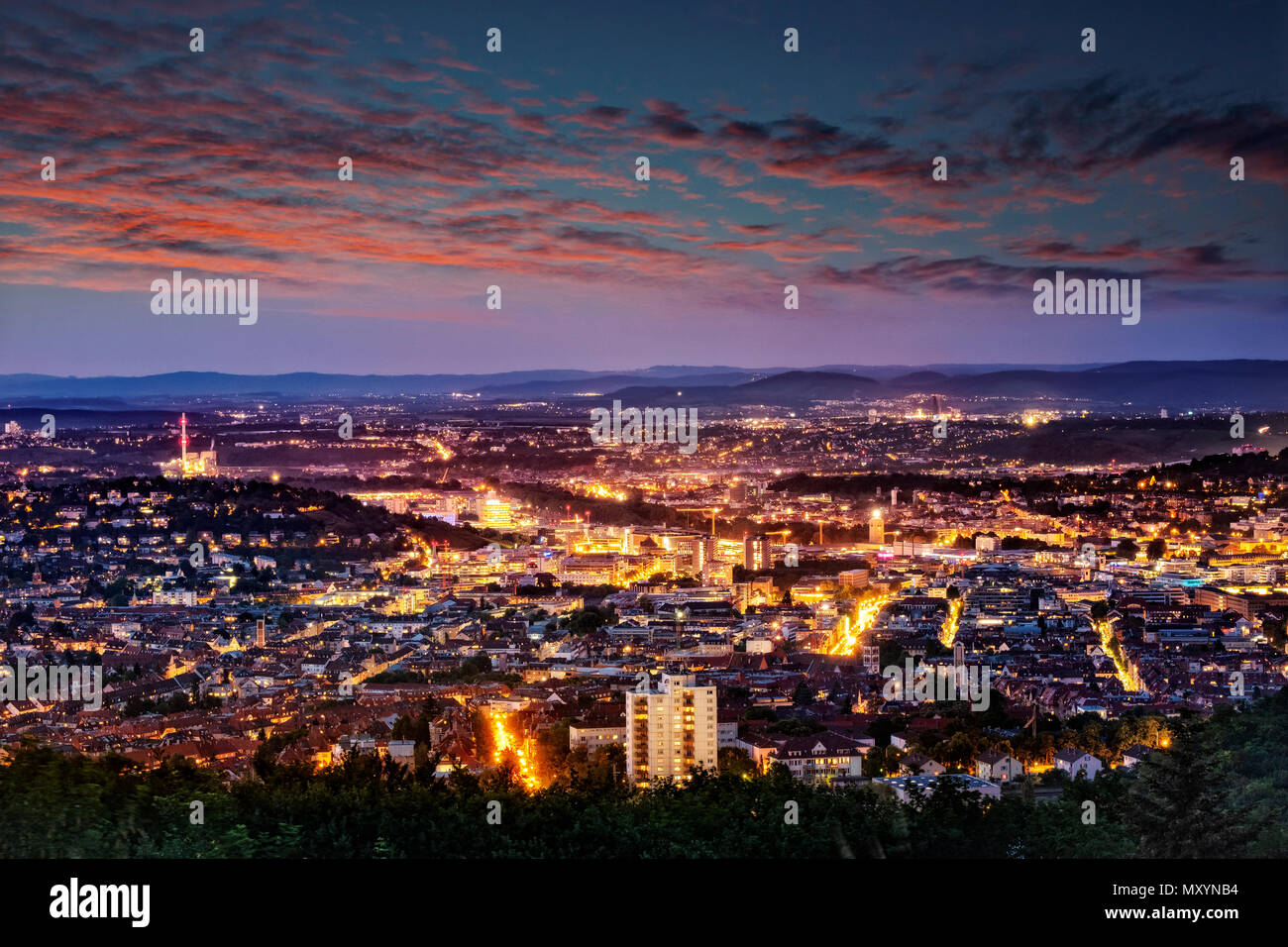Evening shot of Stuttgart, Germany, taken from Birkenkopf view point. Stock Photo
