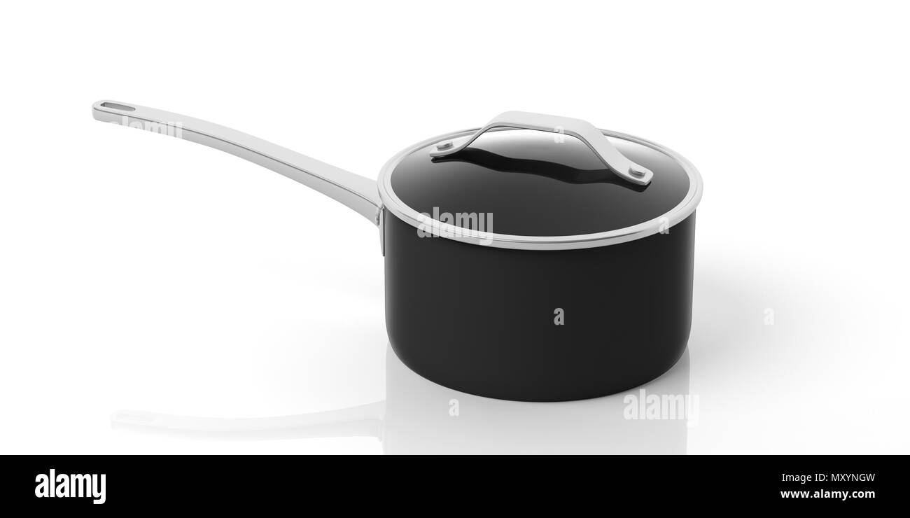 Black stainless steel saucepan with glass lid isolated on white ...