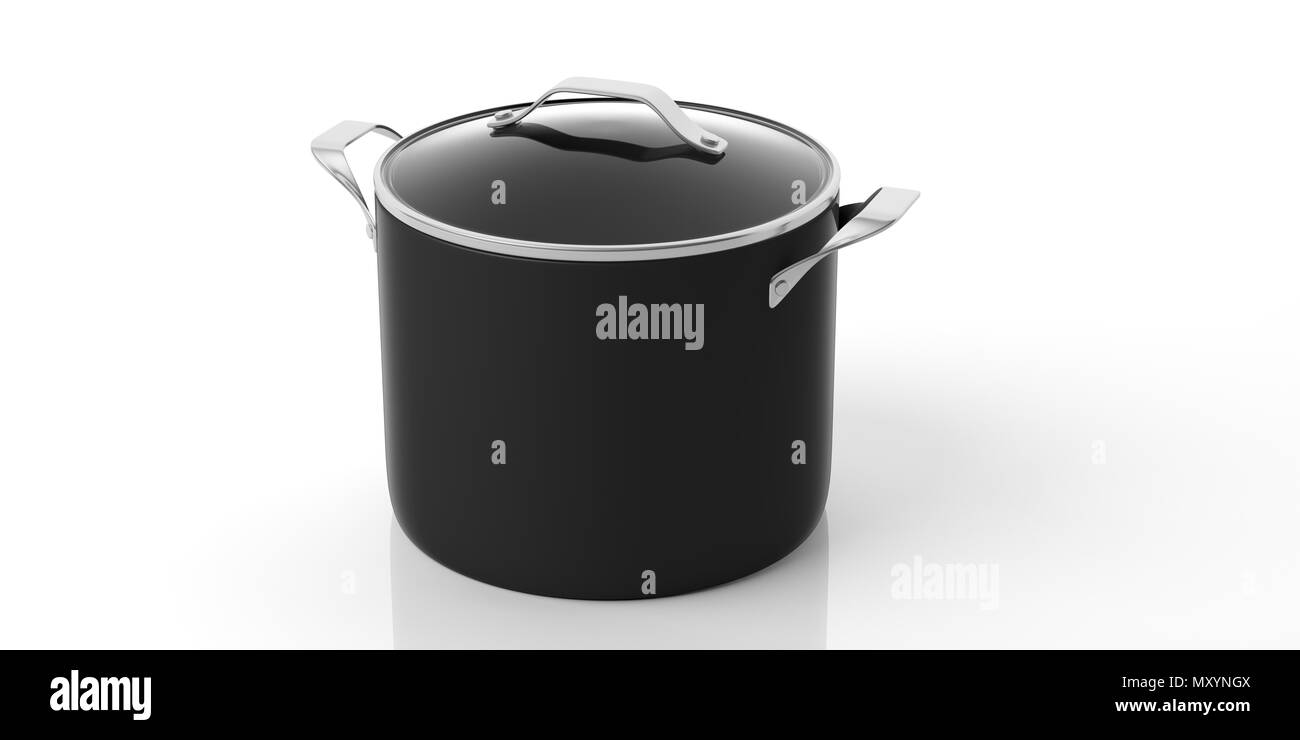Black stainless steel cooking pot with glass lid isolated on white ...