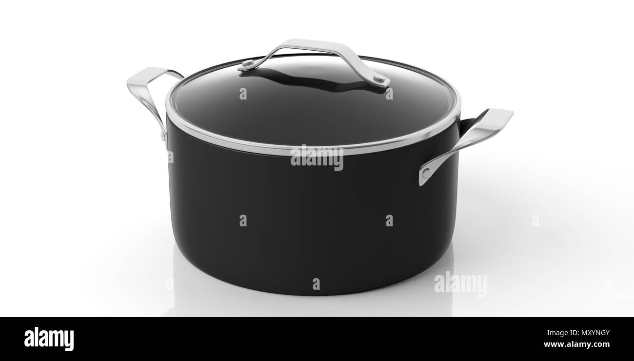 Black stainless steel cooking pot with glass lid isolated on white ...