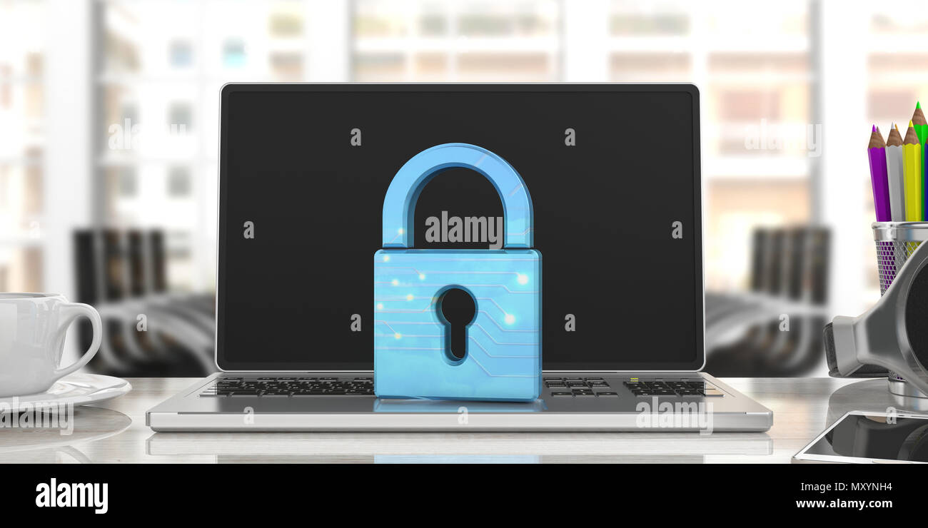 Computer security concept. Blue padlock on a laptop, blur office background. 3d illustration Stock Photo