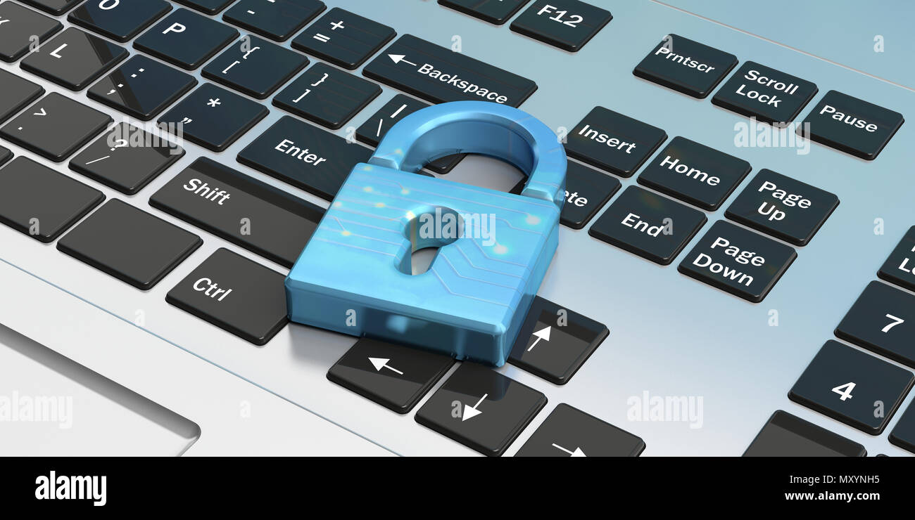 Computer security concept. Blue padlock on a computer keyboard. 3d illustration Stock Photo