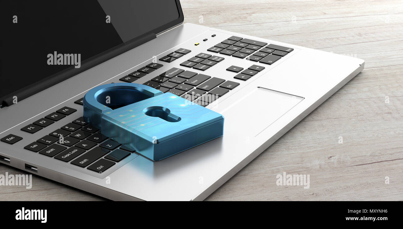 Computer security concept. Blue padlock on a laptop, wooden background. 3d illustration Stock Photo
