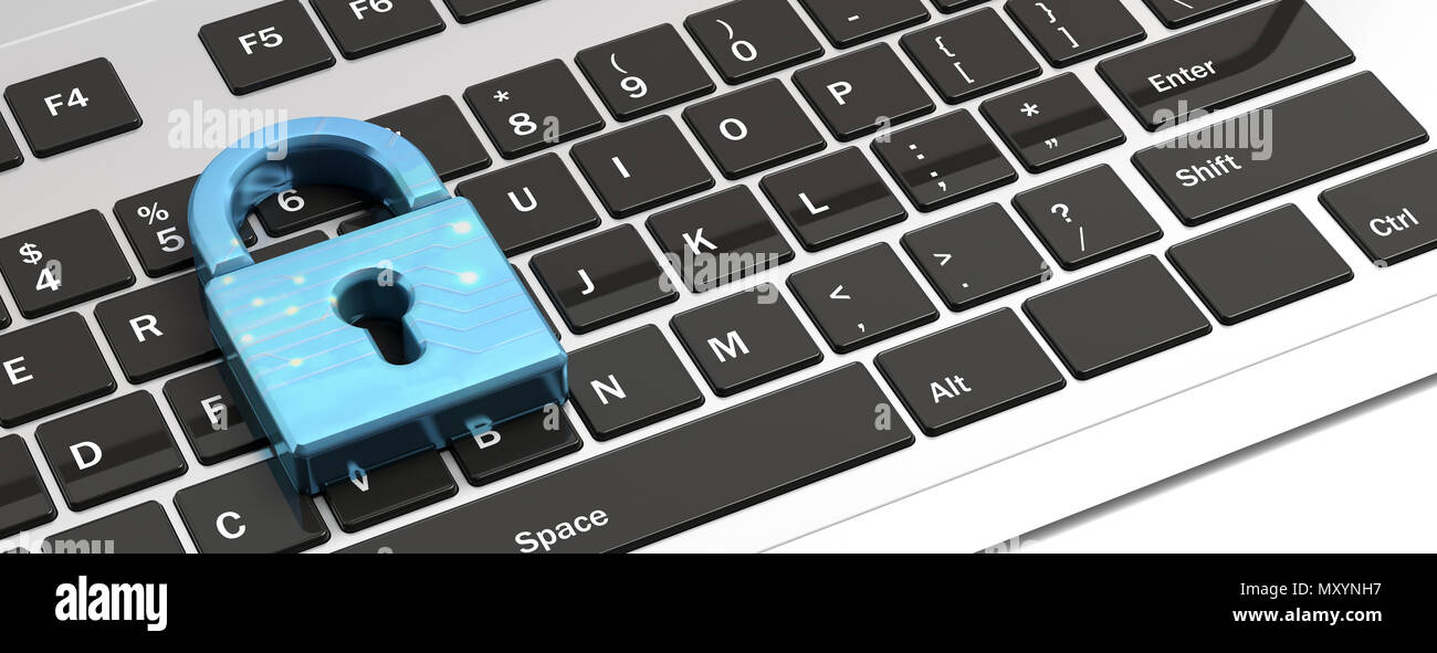 Computer security concept. Blue padlock on a computer keyboard, banner. 3d illustration Stock Photo