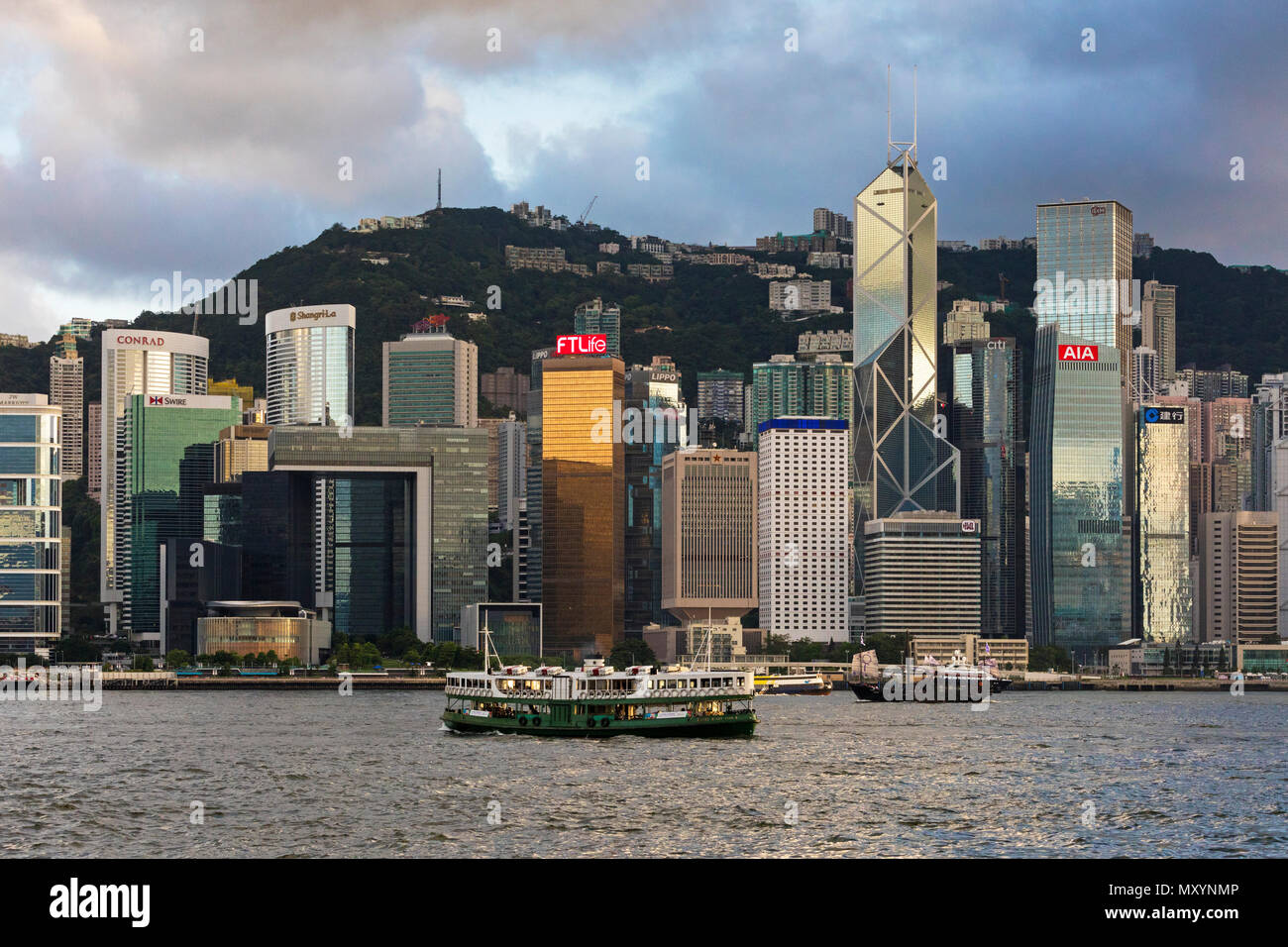 Star Ferry and harbour skyline, Hong Kong, SAR, China Stock Photo