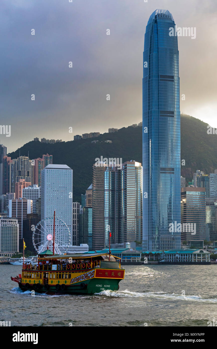Watertours tourist boat and harbour skyline, Hong Kong, SAR, China Stock Photo