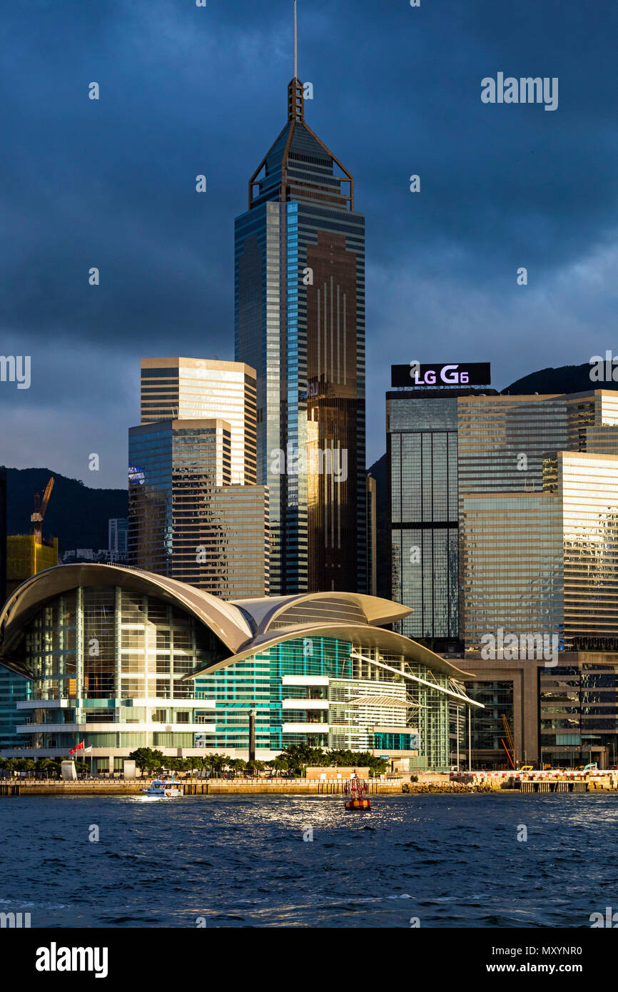 Watertours tourist boat and harbour skyline, Hong Kong, SAR, China Stock Photo