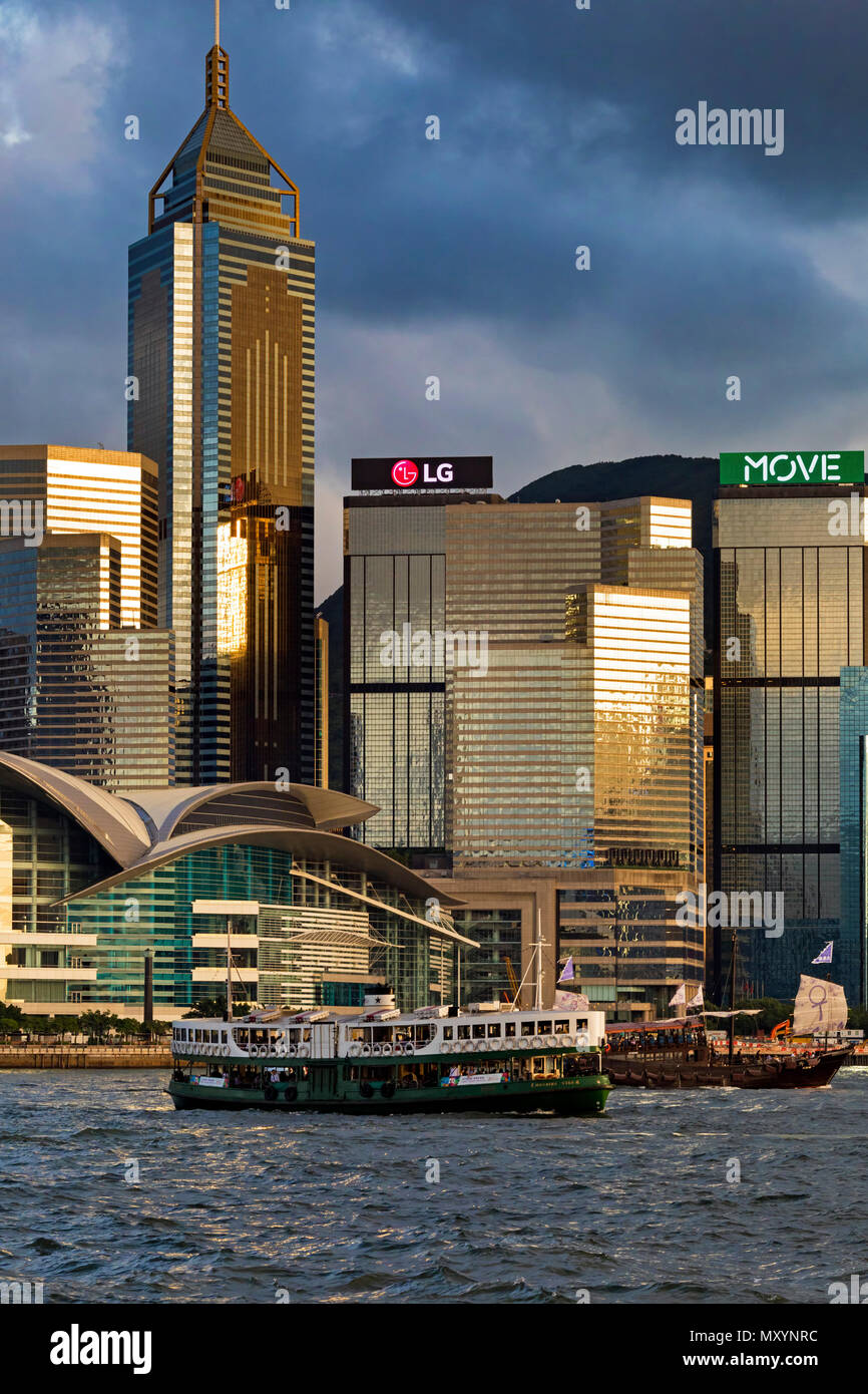 Star Ferry and harbour skyline, Hong Kong, SAR, China Stock Photo