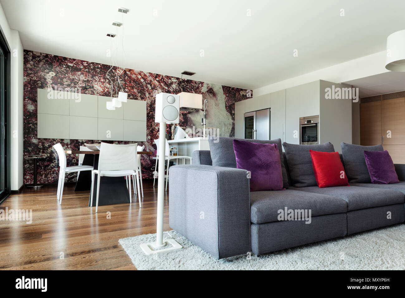 Interior of modern house, comfortable living room furnished Stock Photo