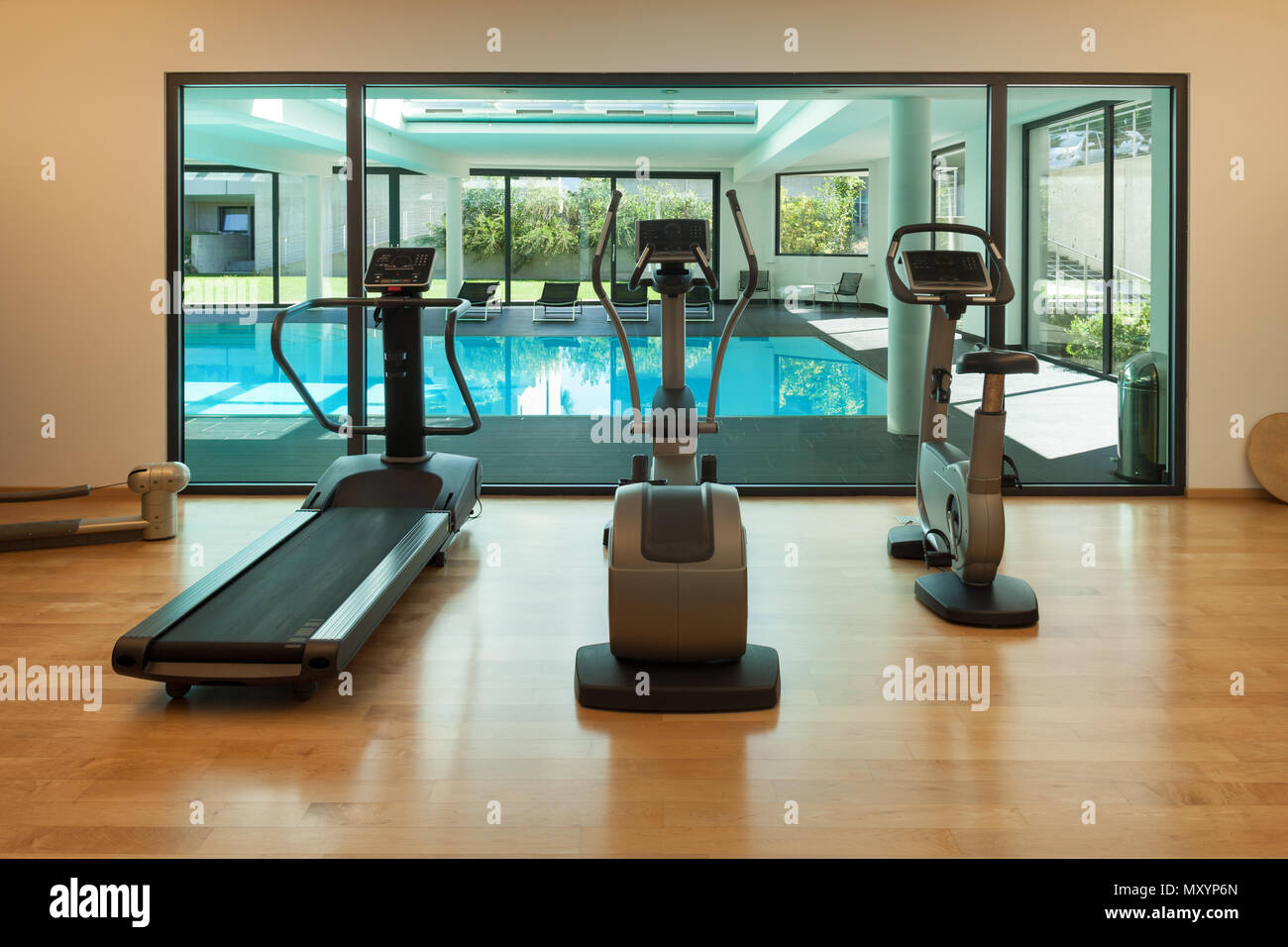 Interior, gym of a modern house with spa Stock Photo