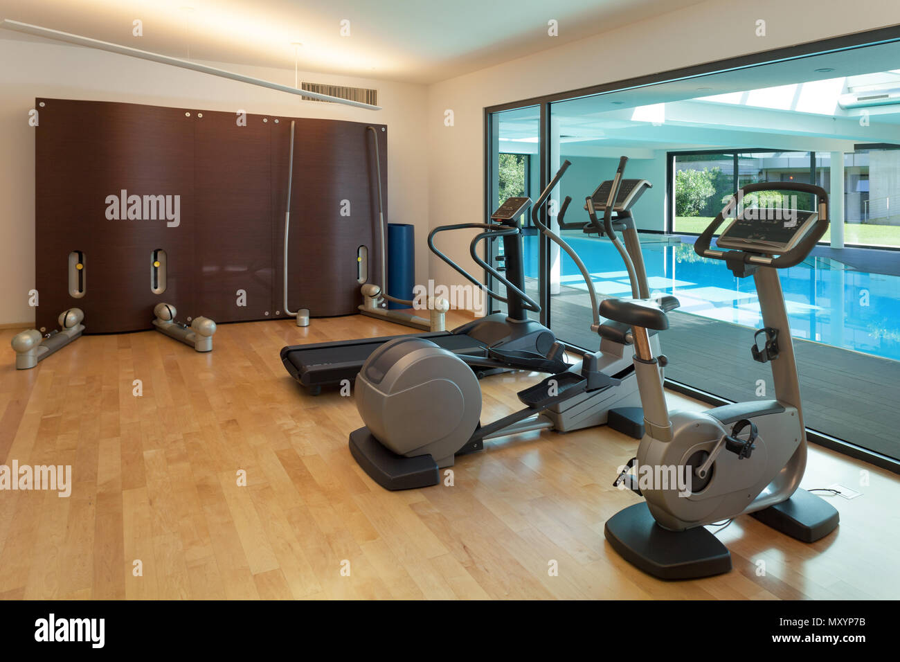 Interior, gym of a modern house with spa Stock Photo