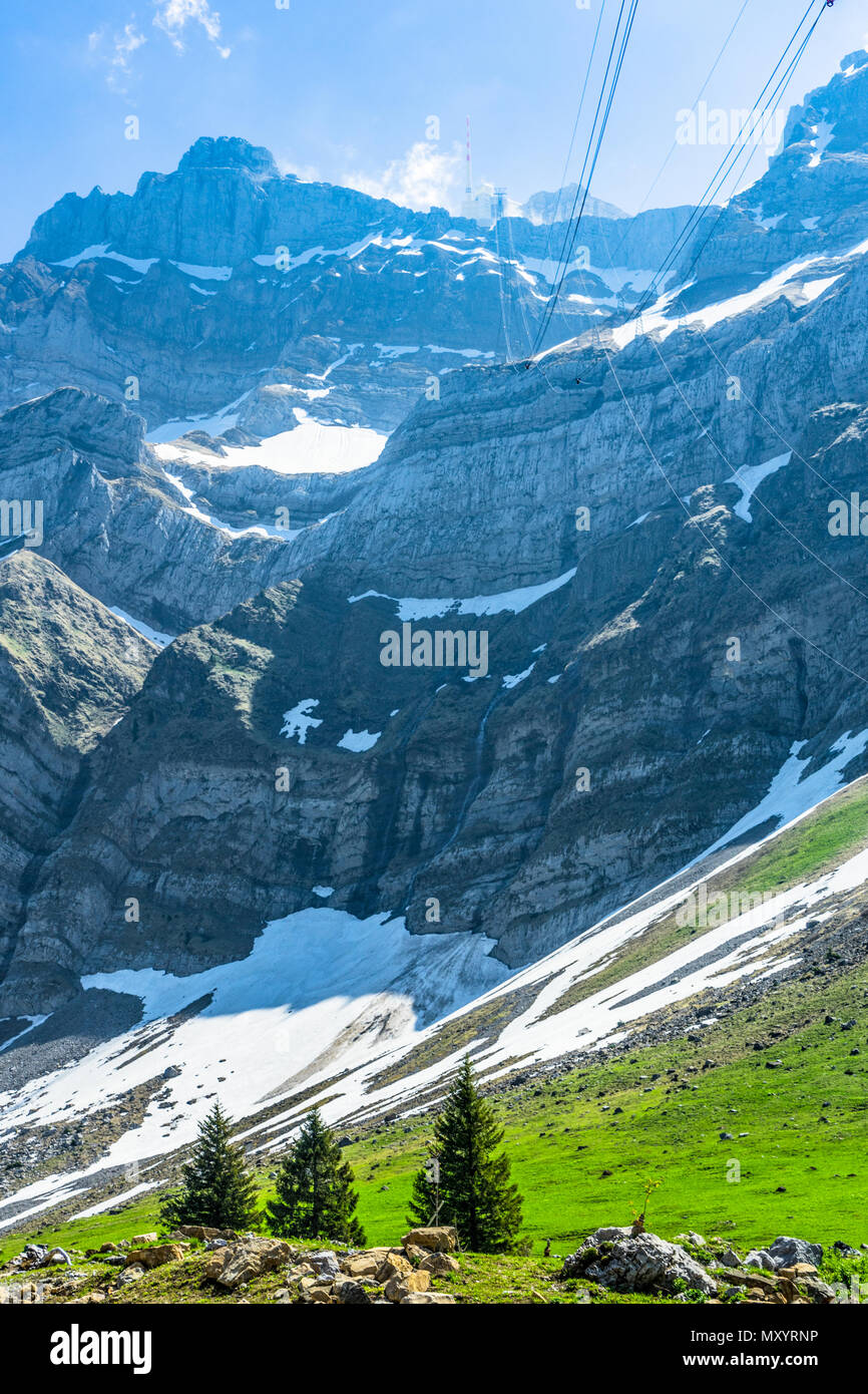 imposing backdrop peak saentis in the alpine mountains Stock Photo