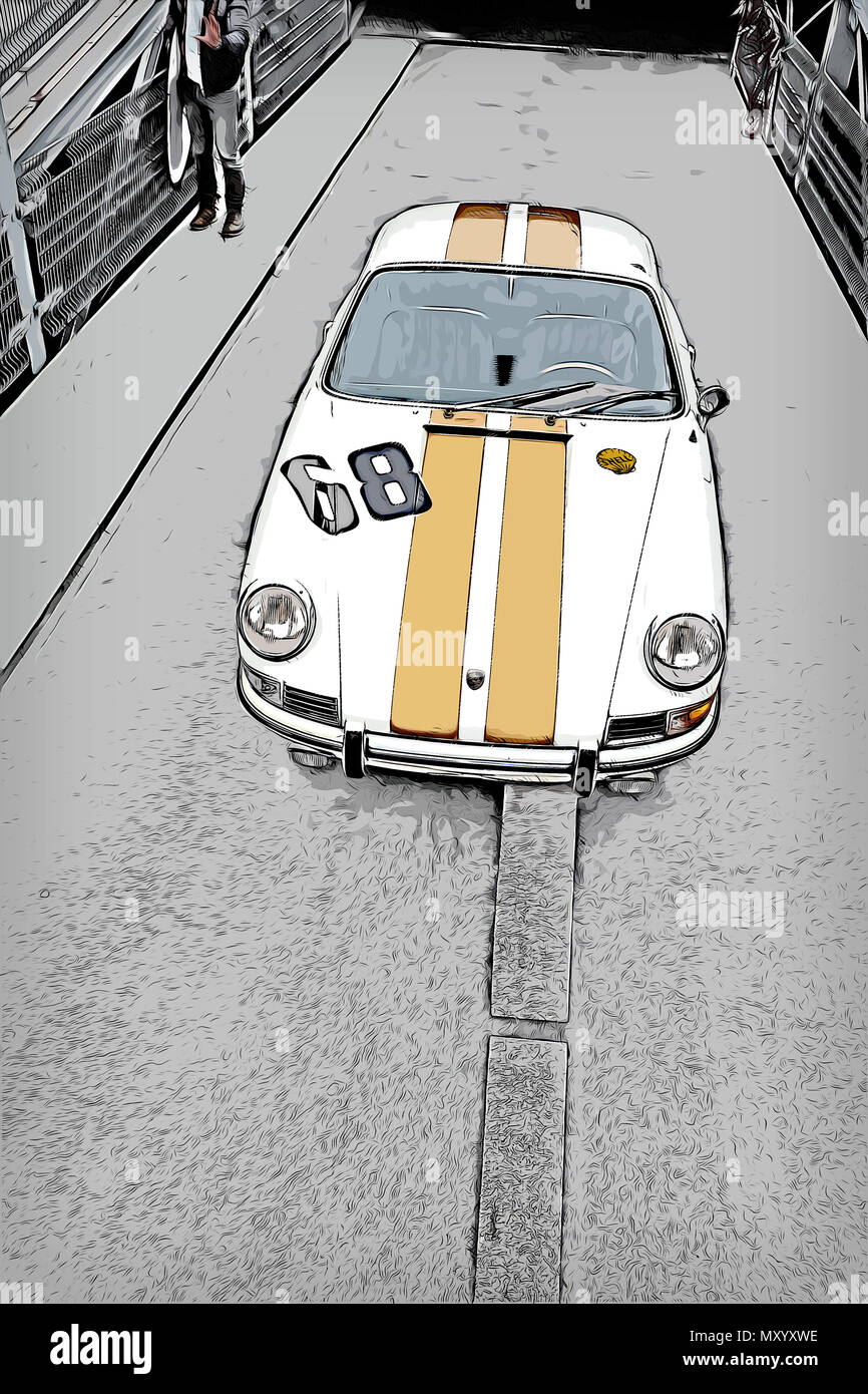 Illustration of a vintage sports car on the race track. Stock Photo