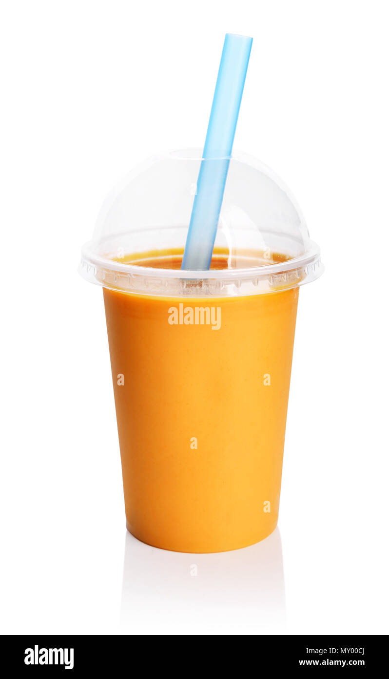 Orange smoothie in plastic transparent cup isolated on white background