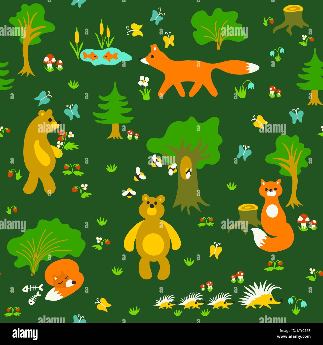 Cute cartoon animals bear, fox, hedgehog in the forest seamless patternkids Stock Vector