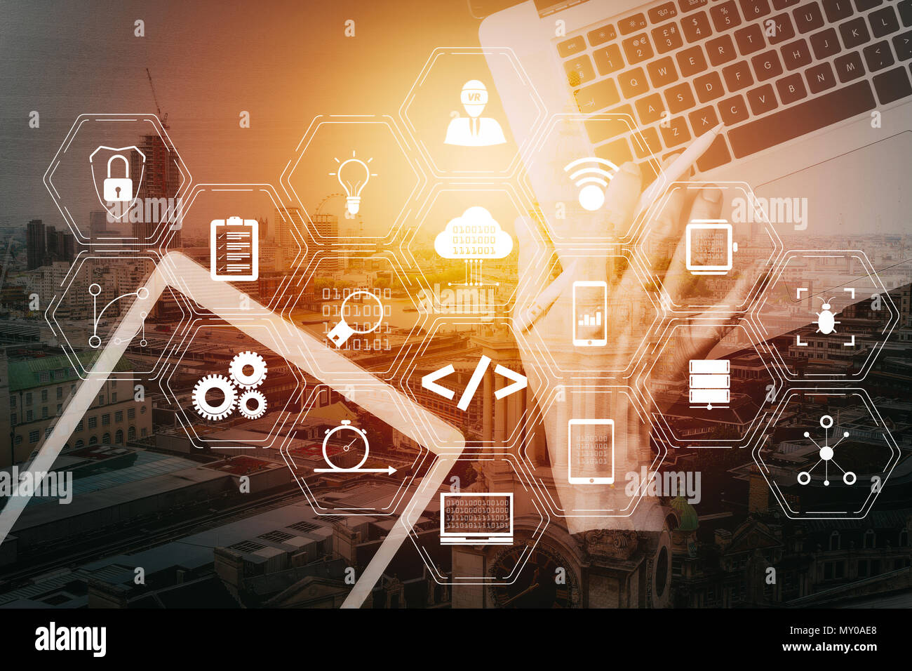 business with virtual diagram and IOT Stock Photo