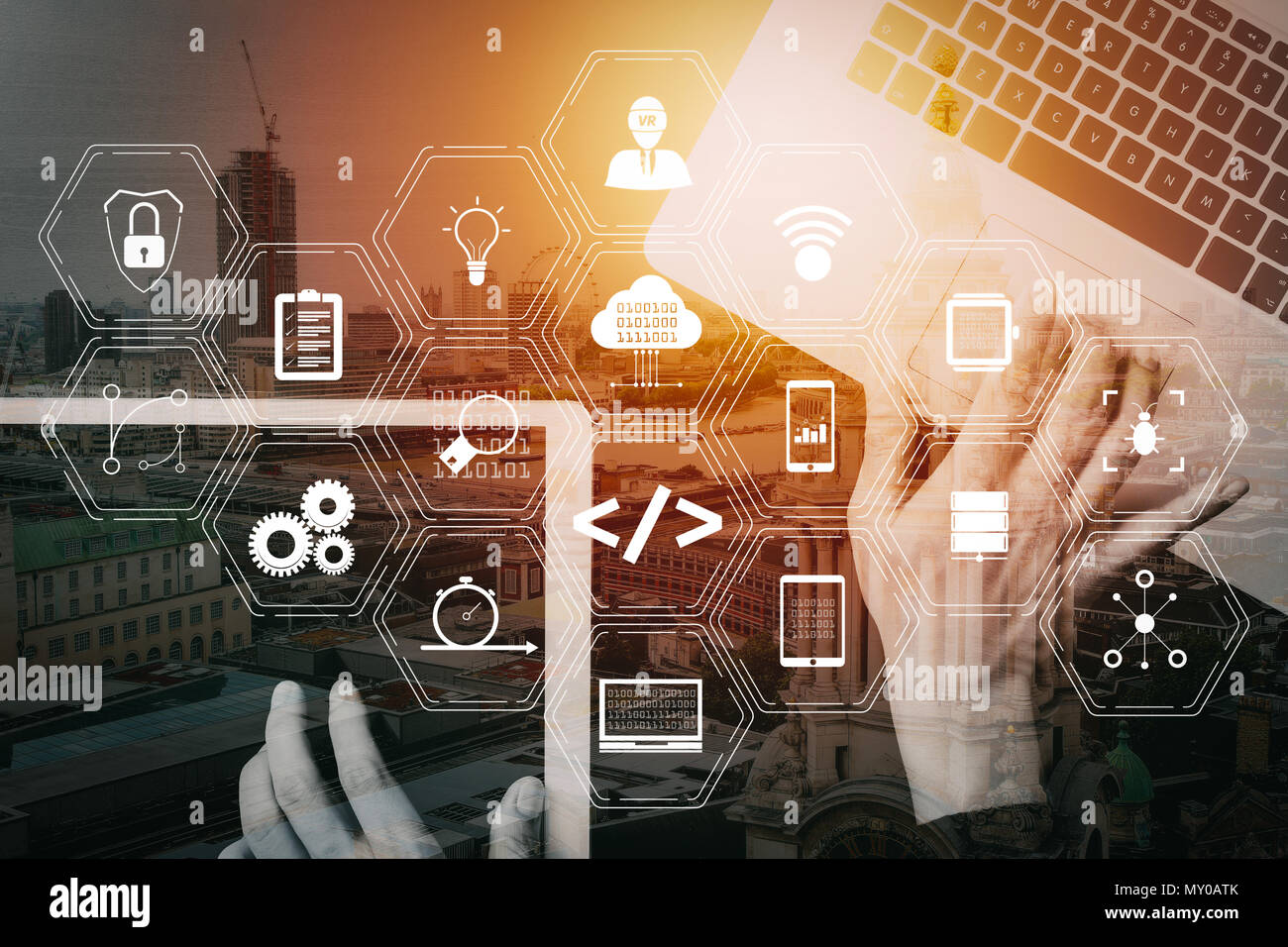 business with virtual diagram and IOT Stock Photo