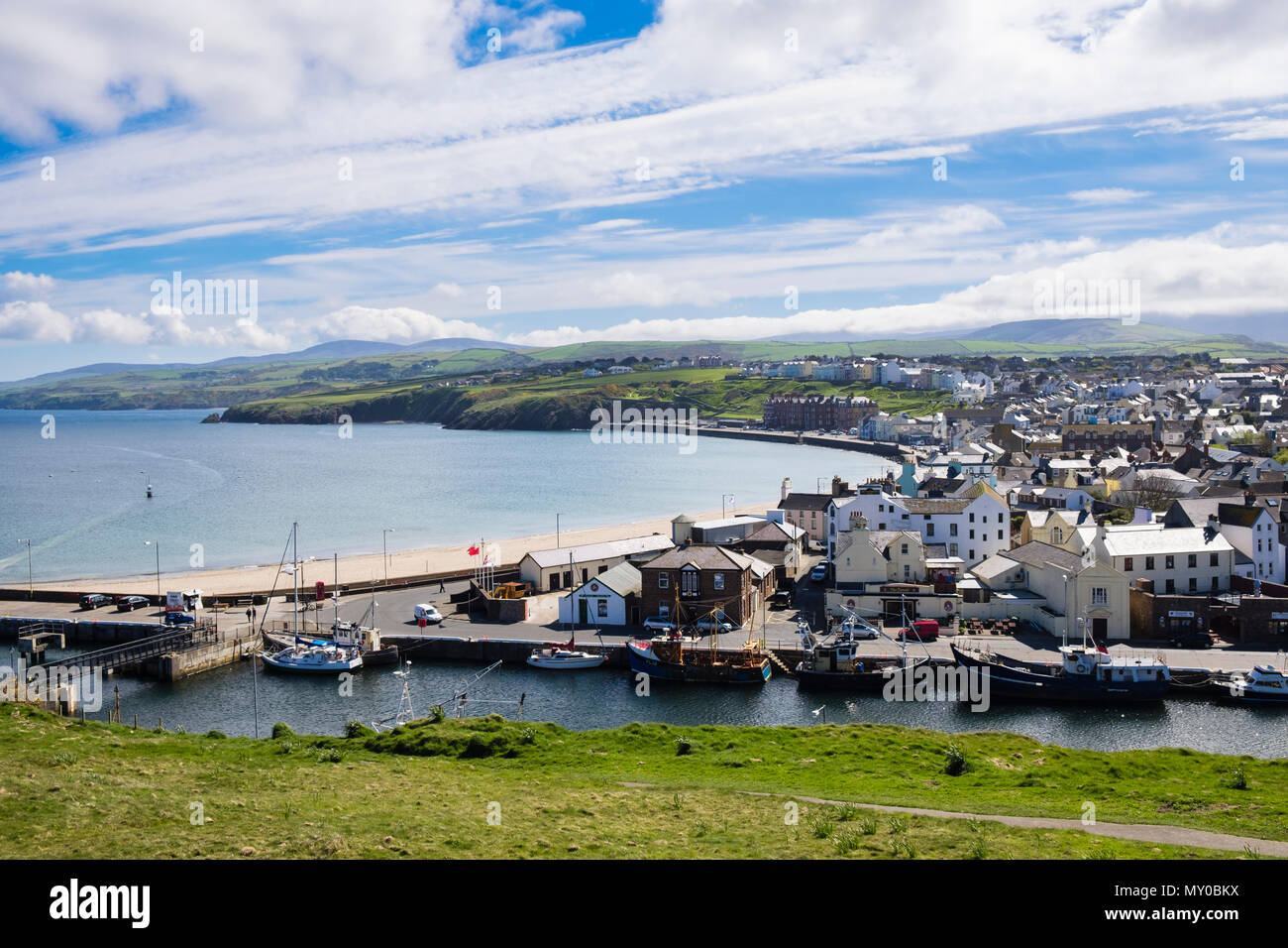 High overview of the town and beach from Peel Hill. Peel, Isle of Man, British Isles Stock Photo
