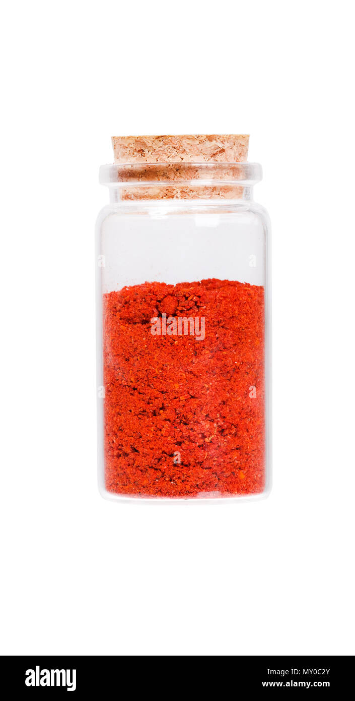 Powdered pimienta roja red pepper in a glass bottle with cork st Stock Photo