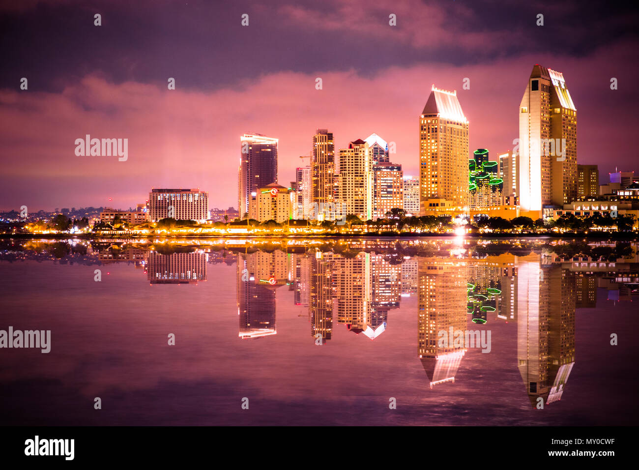 Beautiful view of San Diego California with bay and skyline lit up at night Stock Photo