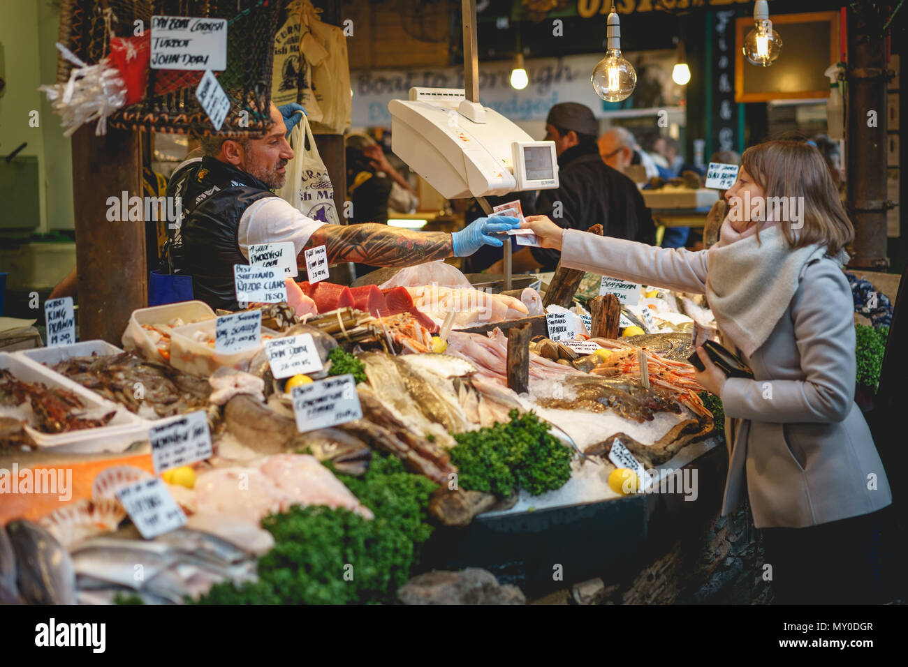 London, UK November 2017. Fishmonger stall in Borough Market, one of