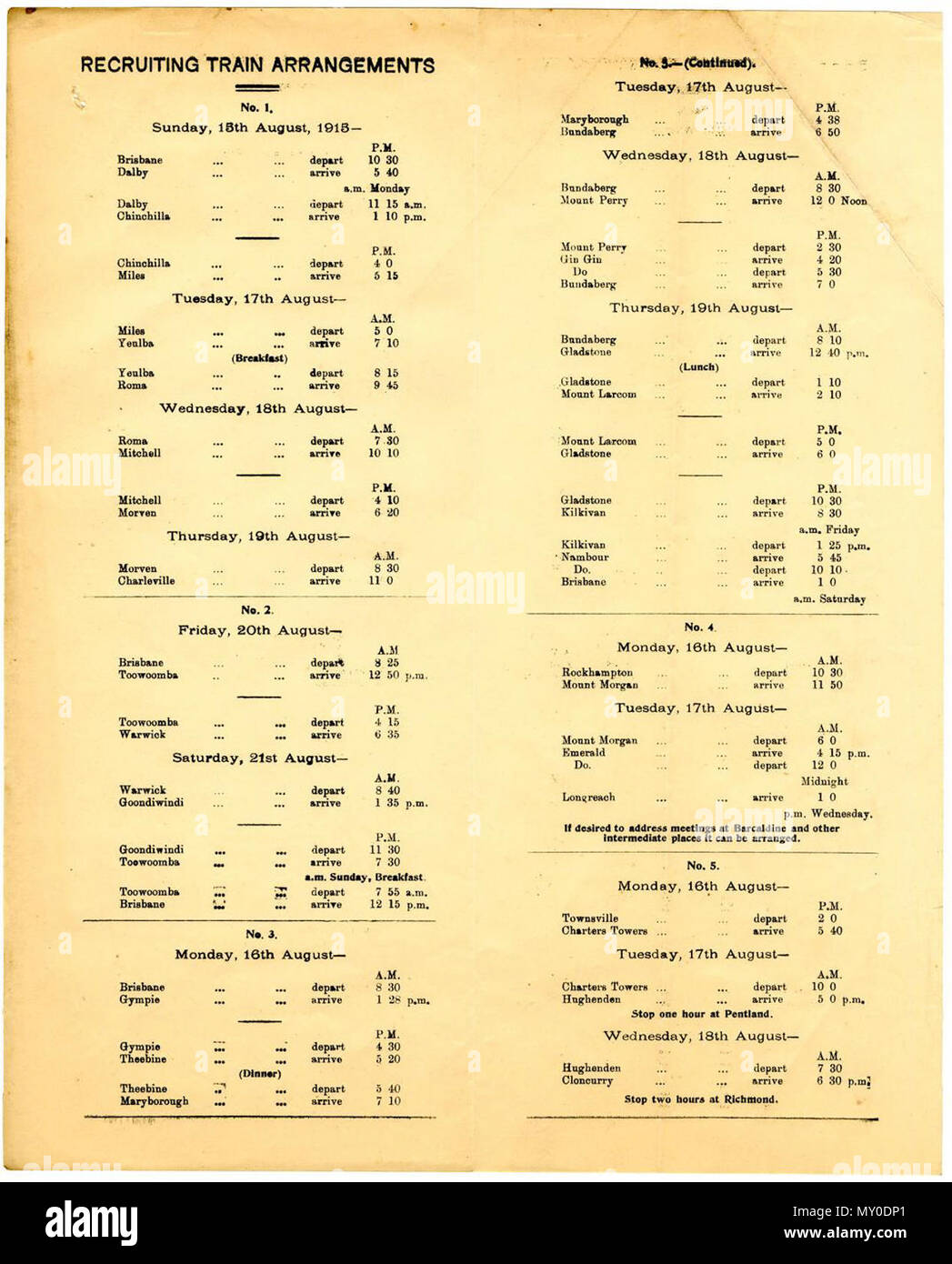 Recruiting Train Arrangements (Timetable), 15 August 1915 - 19 August. Five recruiting trains ran throughout Queensland in August 1915 to 'snowball' recruitment for the Australian Imperial Force. Stock Photo