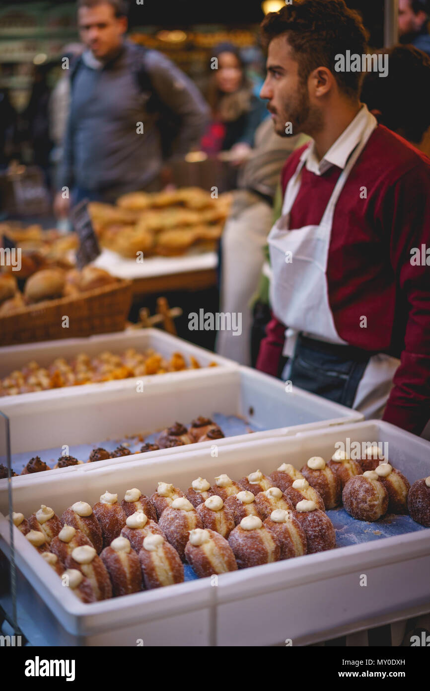 London, UK November 2017. Bakery stall selling doughnuts in Borough