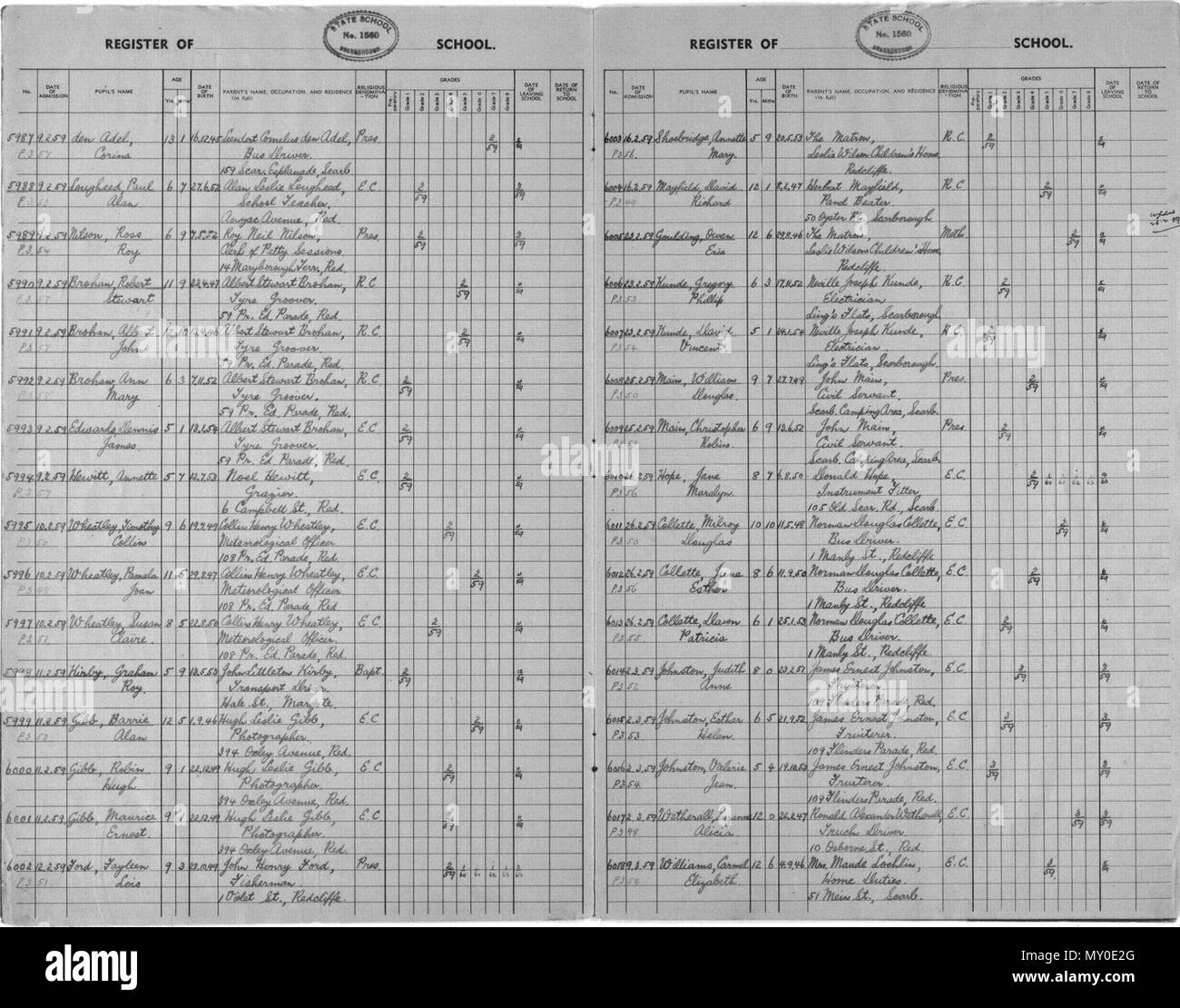 Scarborough State School - Admission record for Maurice, Barry and. School admission register for Scarborough State School from February 1959. Among the students enrolled are Barrie (Barry) Alan Gibb, Robin Hugh Gibb and Maurice Ernest Gibb, later known as the Bee Gees. Stock Photo