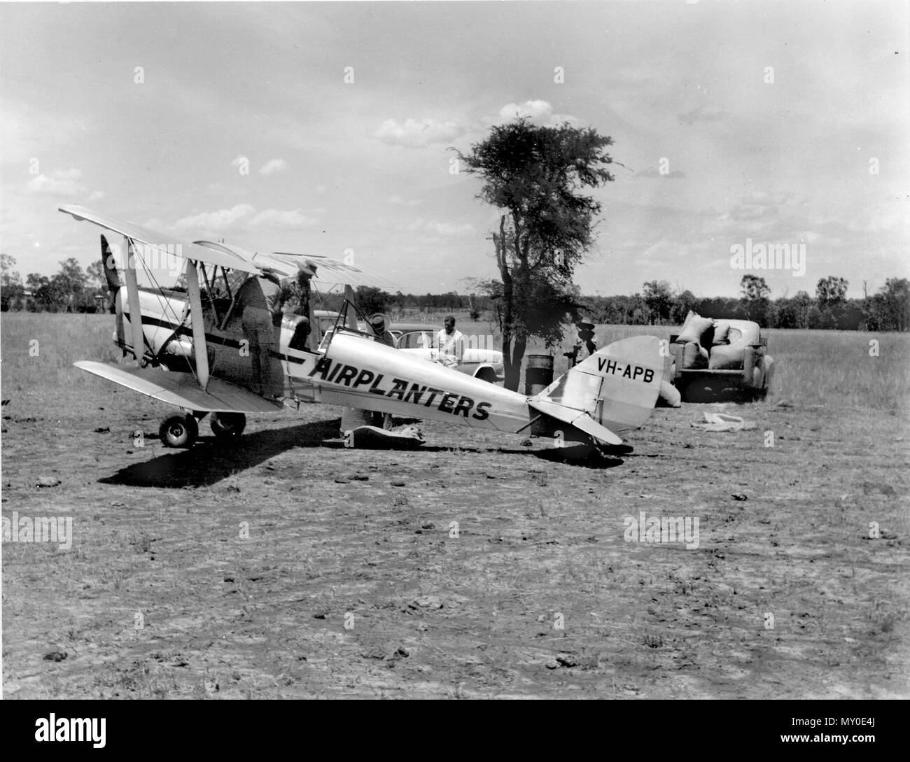 Seed plane loading at Kiddell Plains, December 1962. De Havilland Australia DH-82A Tiger Moth VH-APH was built in Mascot, NSW in September 1940 for the Royal Australian Air Force and carried RAAF serial 17-116. It served with No.7 Elementary Flying Training School in Tasmania and went into storage at the end of WW2. It was sold to a private buyer in 1946 and registered as VH-APH with Queensland Flying Services in 1957. It was sold to Airplanters of Bundaberg and operated in that region performing aerial seeding and other agricultural work until retirement in 1966. It was restored in 1989 and i Stock Photo