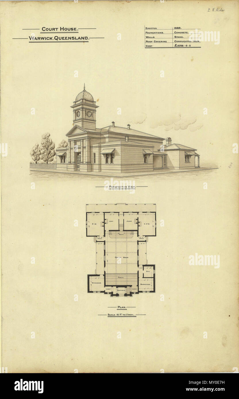 Architectural plans of Court House, Warwick, 1888. From the book Government buildings in Queensland, 1888. James. C. Beal, Government Printer. Stock Photo