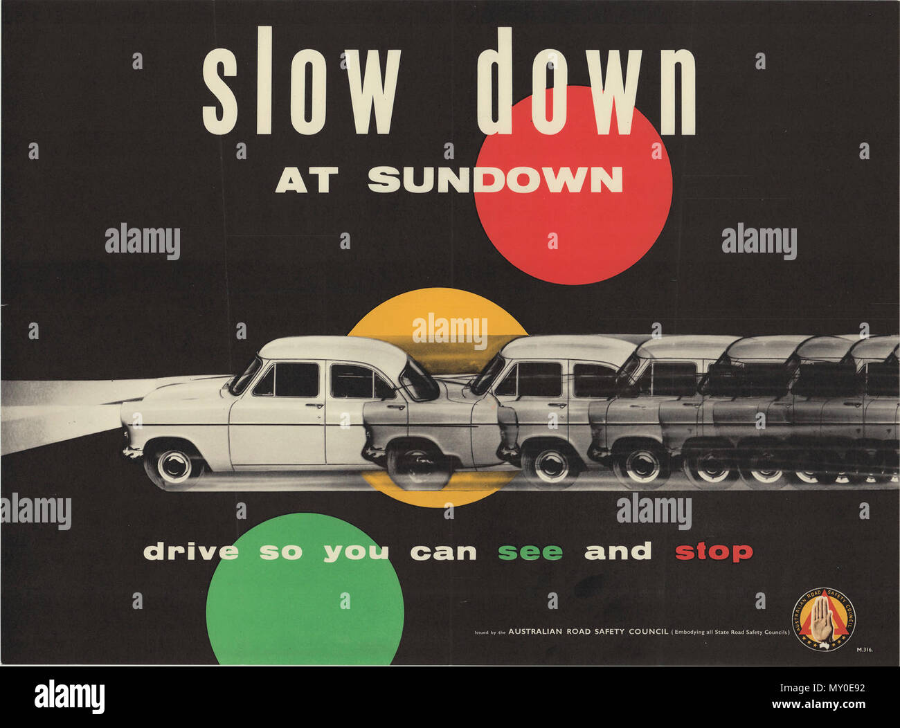 Slow down at sundown. Road Safety Poster circa 1939 - 1959  Driving At Night  Six Safety Rules  Some of the worst motoring smashes occur late at night and during the early hours of the morning, when the roads seem to be almost deserted, and speed seems both safe and exhilarating. Safety mainly lies in being able to pull up within the range of vision which circumstances permit. The trouble is that the driver's judgement, under conditions such as those mentioned is so often likely to be at fault on this point. Here, however, are six fundamentals of safe night driving:- (1) Keep headlights adequa Stock Photo