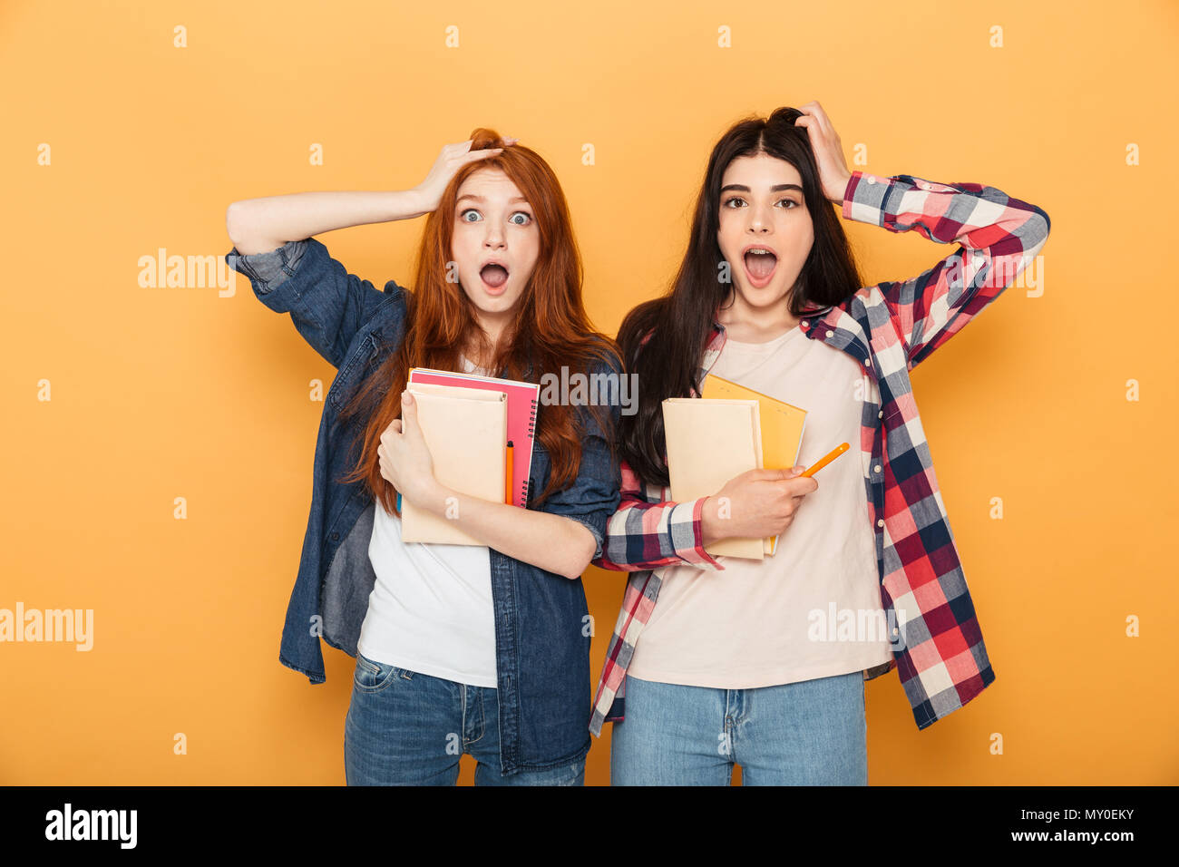 Portrait of two shocked young school teenage girls holding copybooks ...