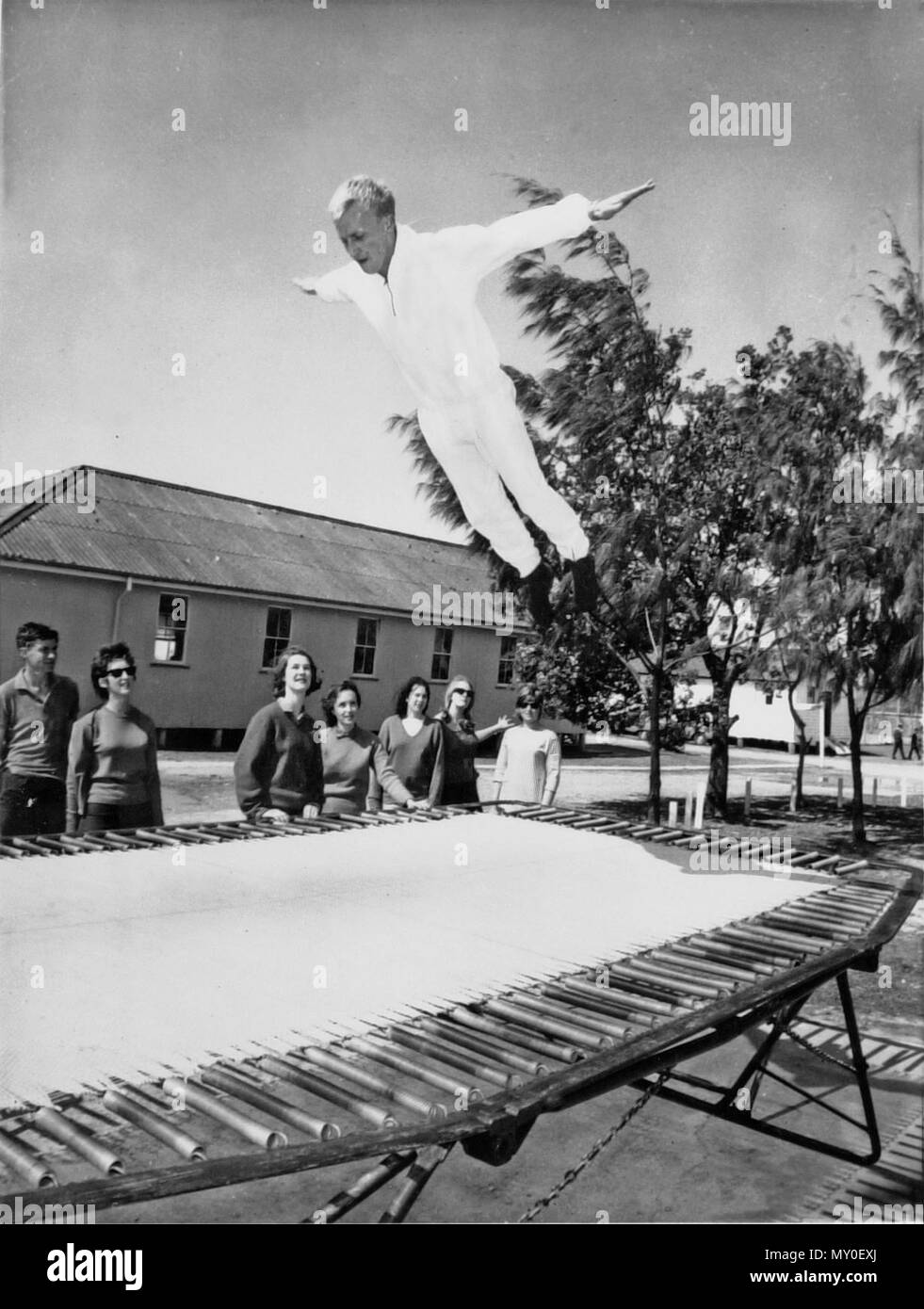 Tallebudgera Recreation Camp, Gold Coast Highway, Palm Beach, 5 September. The original photograph caption makes reference to National Fitness Camp.  The first National Fitness Camp was held at Currumbin in August 1943. After World War 2 it moved to a new site on Taliebudgera Creek and was held annually during the summer. The site was renamed the Tallebudgera Recreation Camp in the 1980s. Stock Photo