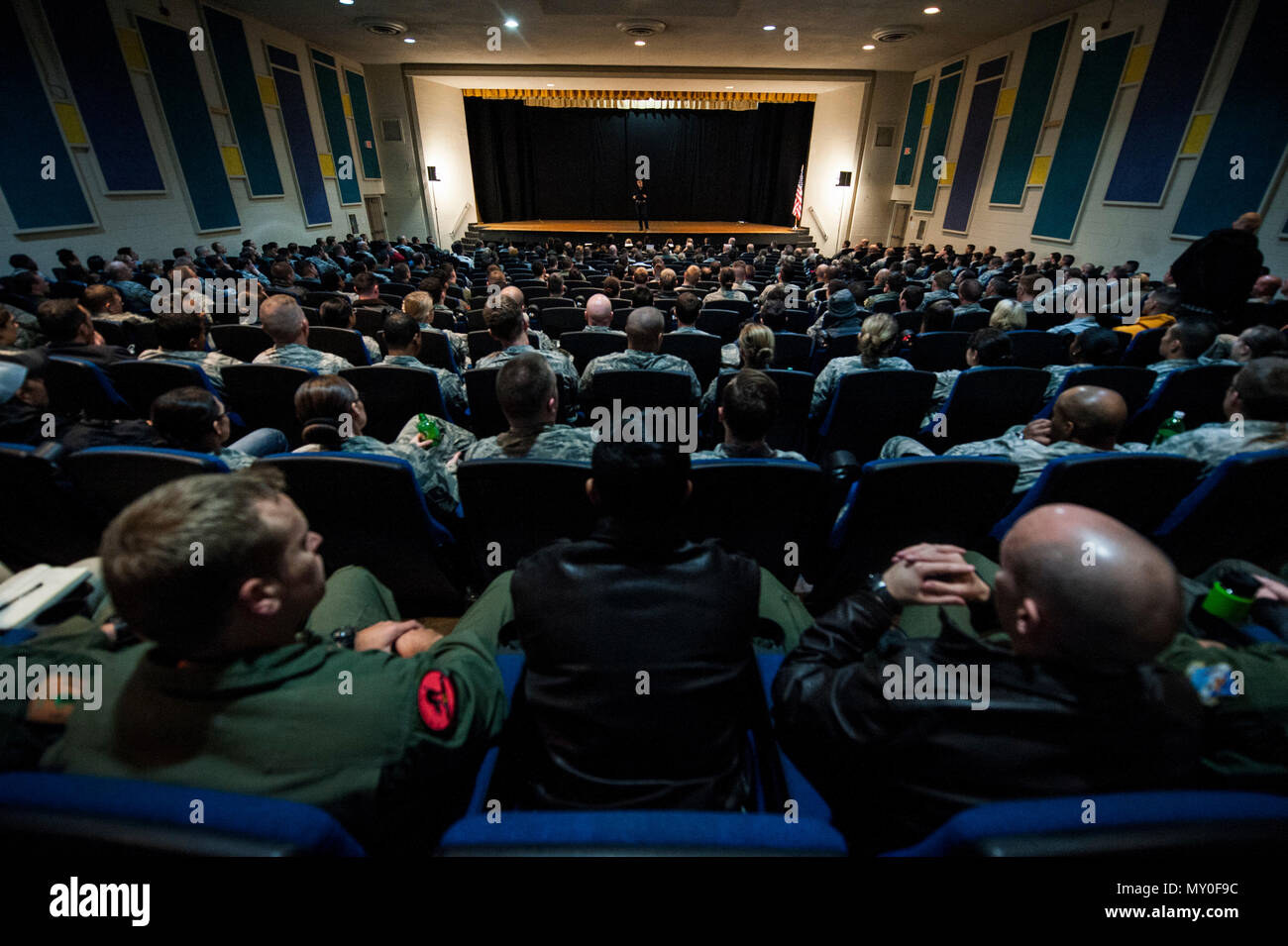 Simon Sinek speaks to members of the 57th Wing in the Base Theater of