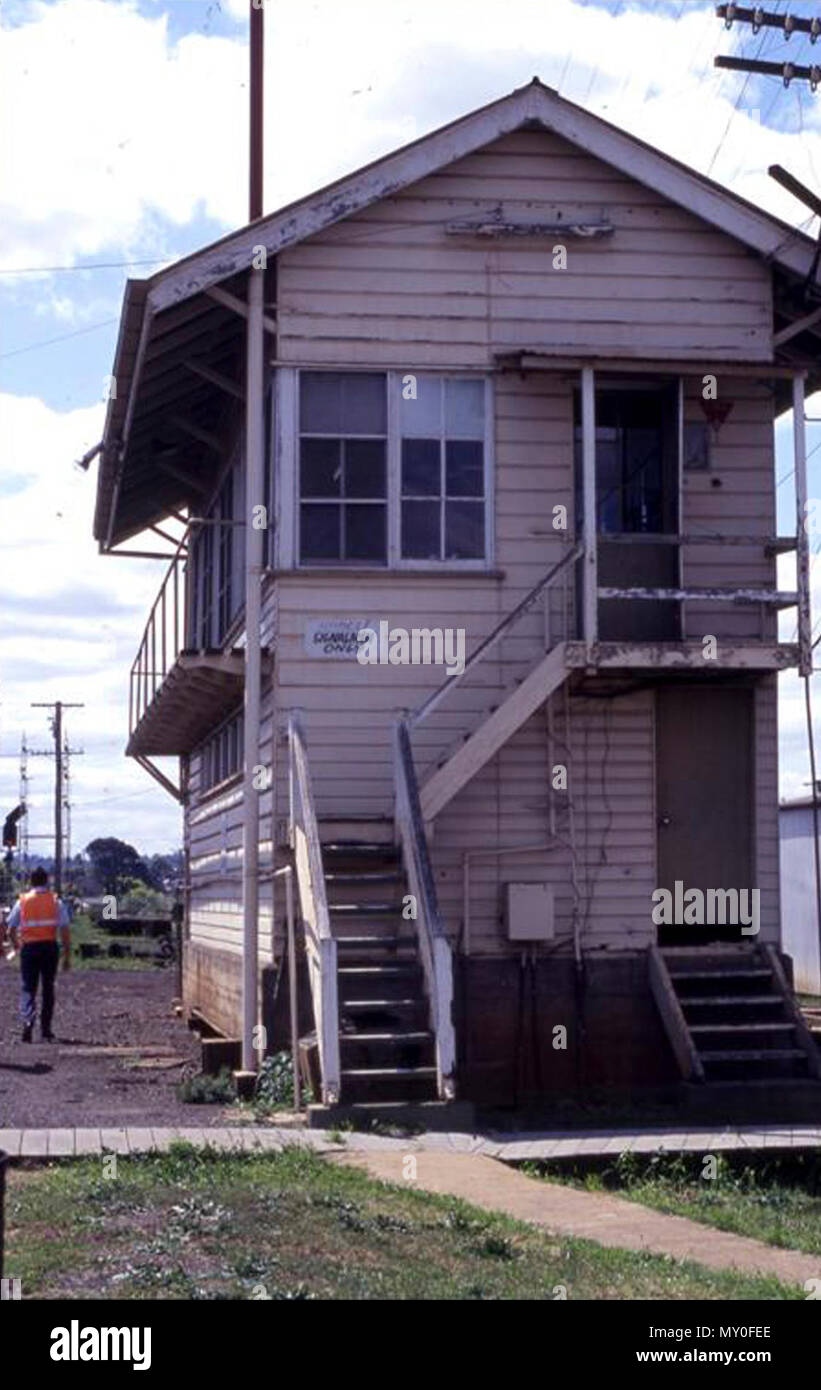 Toowoomba Railway Station Signal Cabin A, 1993. Associated with signalling and safeworking in the Toowoomba yard is the A signal cabin, taken out of use mid 1993. This cabin possibly dates from the 1920's. The cabin interior is still intact, and includes signal levers, safeworking instruments and Toowoomba yard diagram. Associated with this structure are the now dismantled semaphore signals from the signal gantry.  Description source: Queensland Heritage Registerid=600872 ) Stock Photo