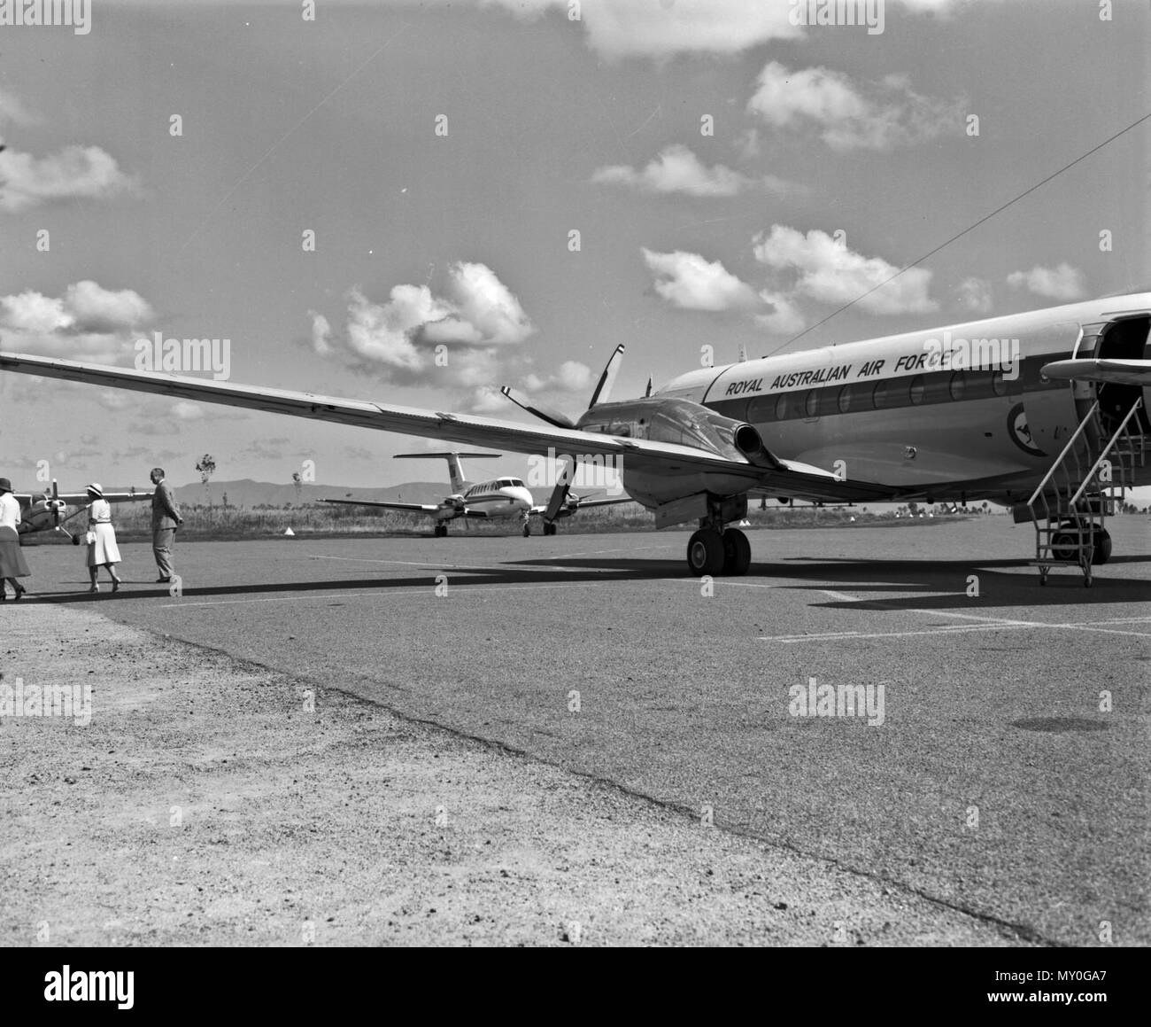 VIP aircraft, Ingham, 2 July 1979. Queensland Government Beech 200 Super King Air and Royal Australian Air Force Hawker Siddeley HS 748 at Ingham Airport. They had brought Premier Sir Joh Bjelke-Petersen and Prime Minister Malcolm Fraser for the opening of the Lucinda deep water port. Stock Photo