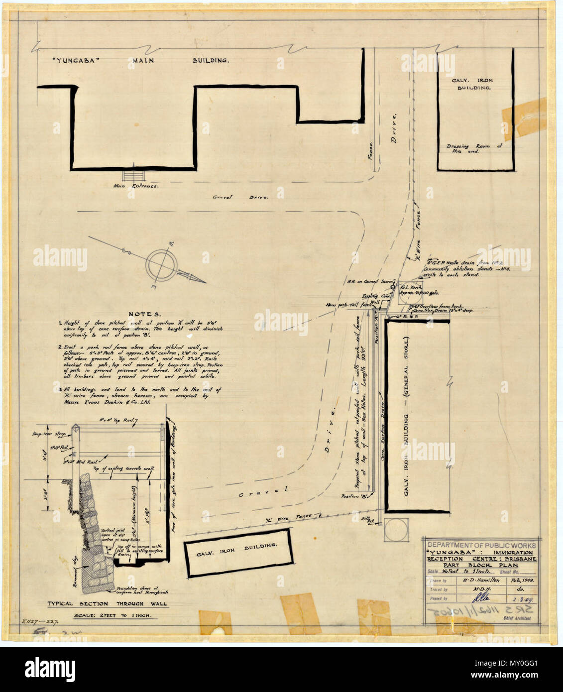 Yungaba Immigration Reception Centre, Brisbane, Part Block Plan, 2 March. From the Queensland Heritage Registerid=600245 ) .  Yungaba is a two-storey brick institutional building designed as an immigrant depot in 1885 by John James Clark, colonial architect for Queensland. Following his dismissal shortly after, the plan was developed by Edward Henry Alder and Robert Henry Mills. Constructed by William Peter Clark, the building is described as being of Italianate/Queensland/ Institutional style.  Following the subdivision of Kangaroo Point in 1843-44, lots 21 and 22 were purchased by Judah and  Stock Photo