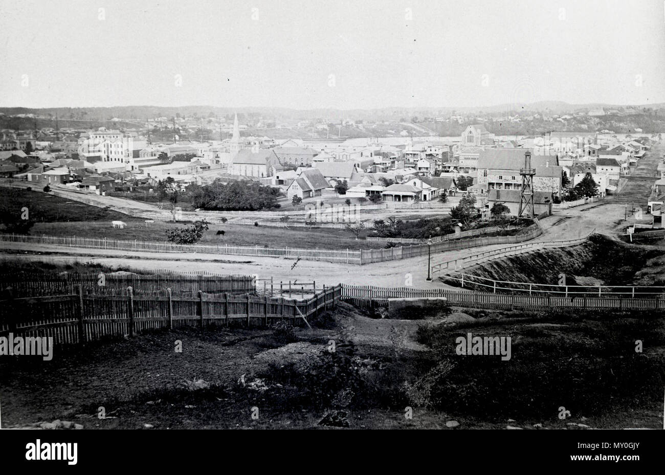 Brisbane from Wickham Terrace, 1880s. The Brisbane Courier 19 November 1883  A VOICE FROM WICKHAM-TERRACE. 3424141 )   TO THE EDITOR OF THE BRISBANE COURIER.  Sir,-I would call your attention to the fact that the residents of this locality would be very glad of some means of conveyance from Queen street on these scorching days, and I would suggest that one of the Gregory-terrace omnibuses would alter their route and go up the terrace at 1 o'clock every day. I know of several residents of that place who would gladly support the movement. Trusting you will give the proprietor this hint at your e Stock Photo