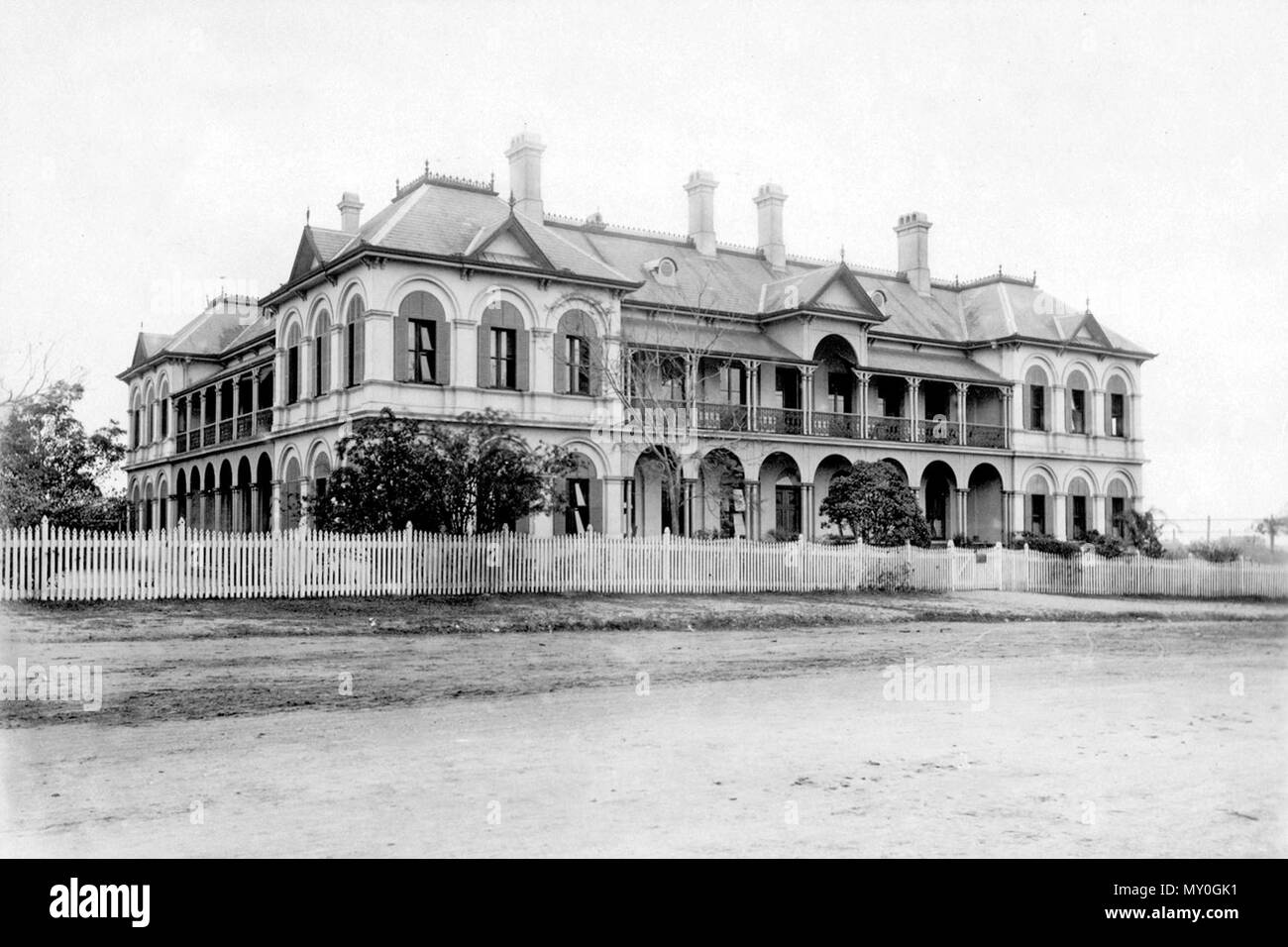 Brisbane Girls Grammar School, Gregory Terrace, Brisbane, c 1890. A great choice by Trish Forrest for entry in the 1 Million and Counting competition!  Trish picked this photo because the architect for the Brisbane Girls Grammar School was architect Richard Gailey, who married a distant cousin on her mother's side.  School Festivities. 172677959?searchTerm=brisbane girls grammar school&amp;searchLimits=l-decade=189 )   Girls' Grammar School.  The mid-winter breaking-up of the Brisbane Girls' Grammar School was celebrated on Friday by a most successful entertainment and art exhibition. His Exce Stock Photo